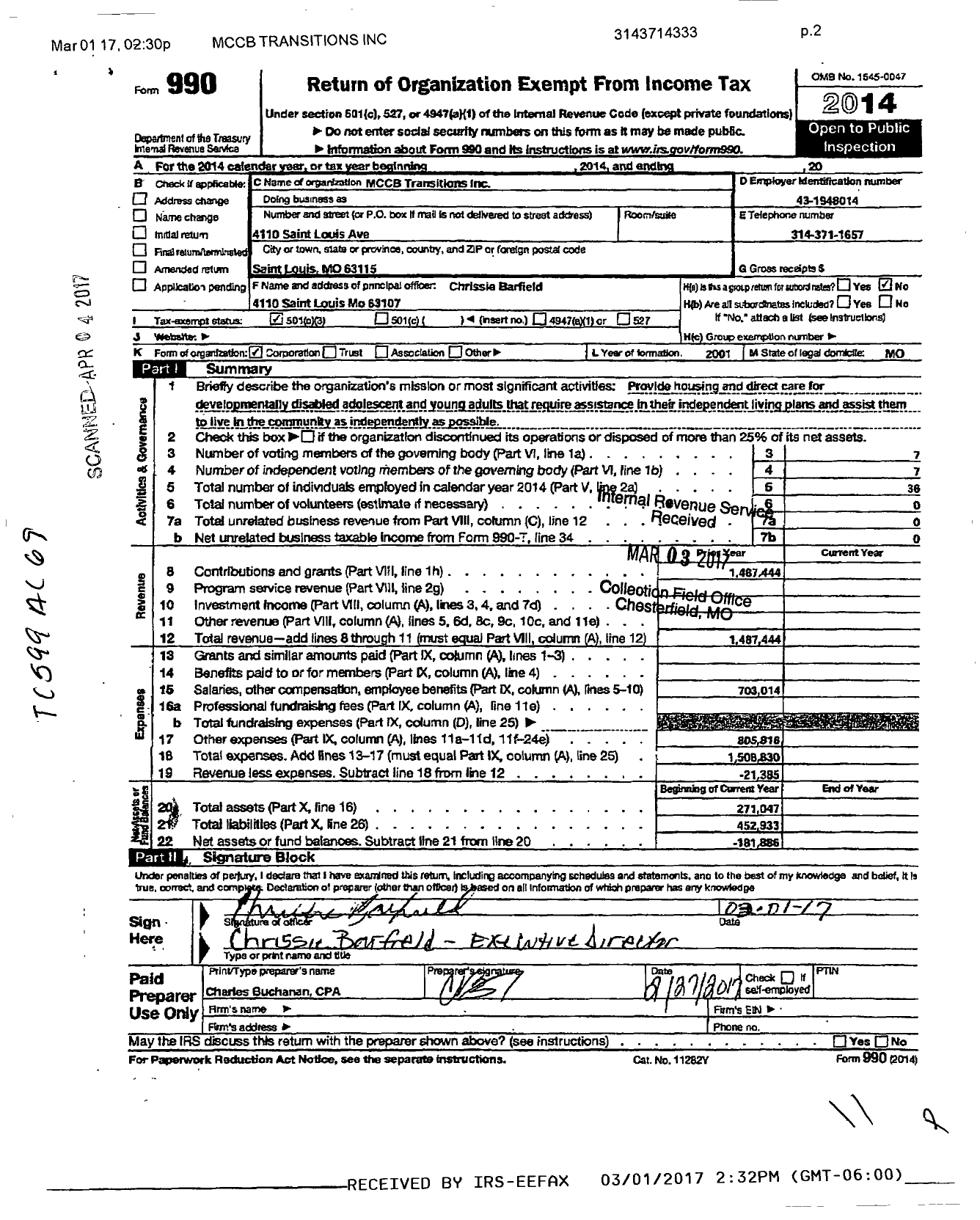 Image of first page of 2014 Form 990 for MCCB Transitions