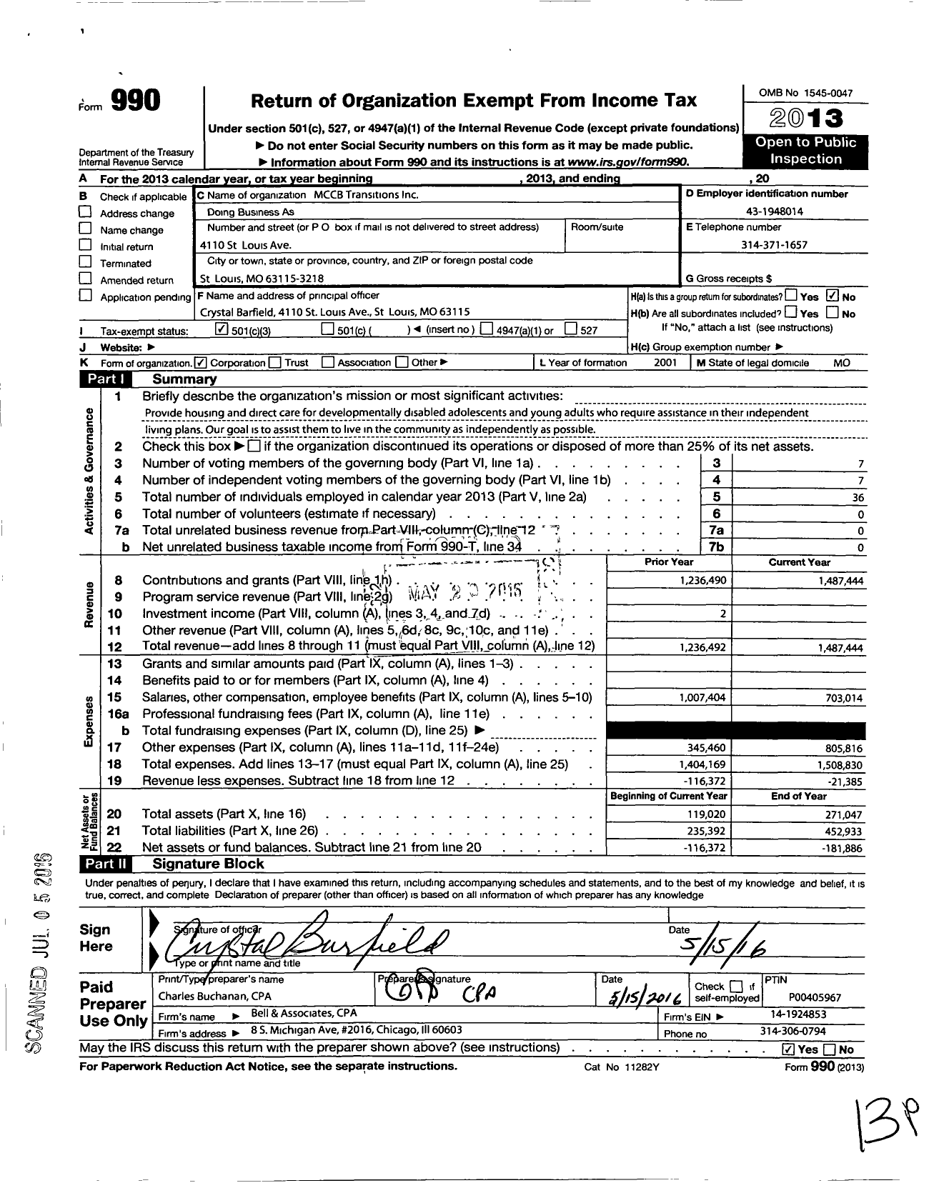 Image of first page of 2013 Form 990 for MCCB Transitions