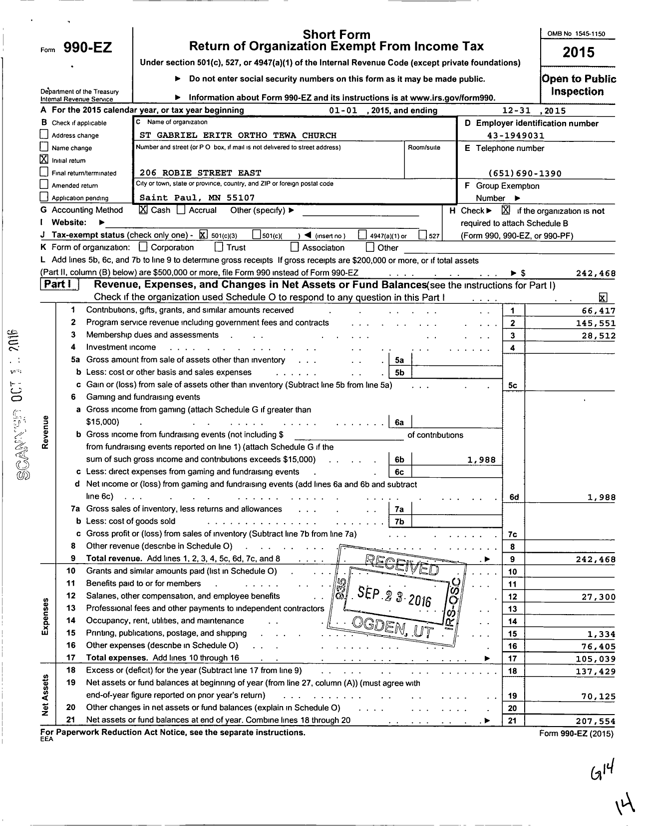 Image of first page of 2015 Form 990EZ for St Gabriel Eritr Ortho Tewa Church