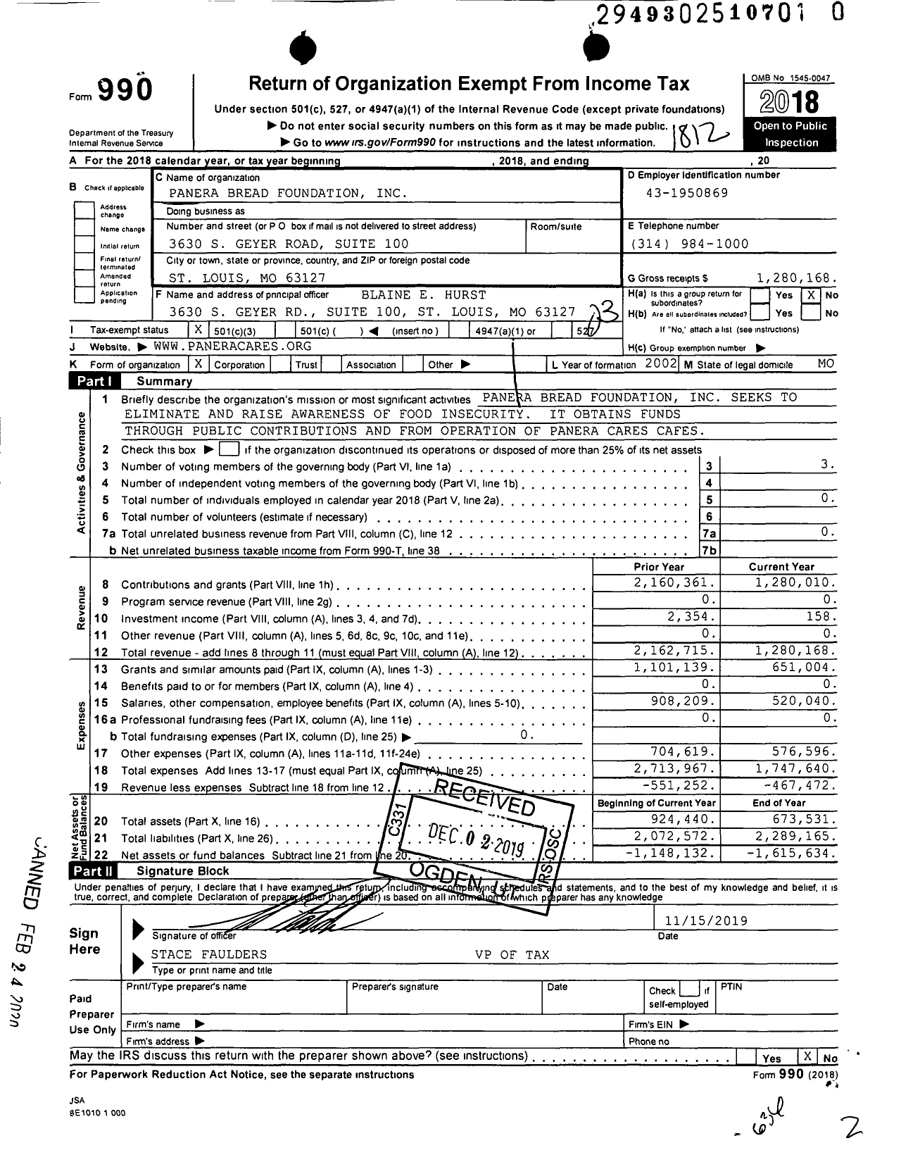 Image of first page of 2018 Form 990 for Panera Bread Foundation