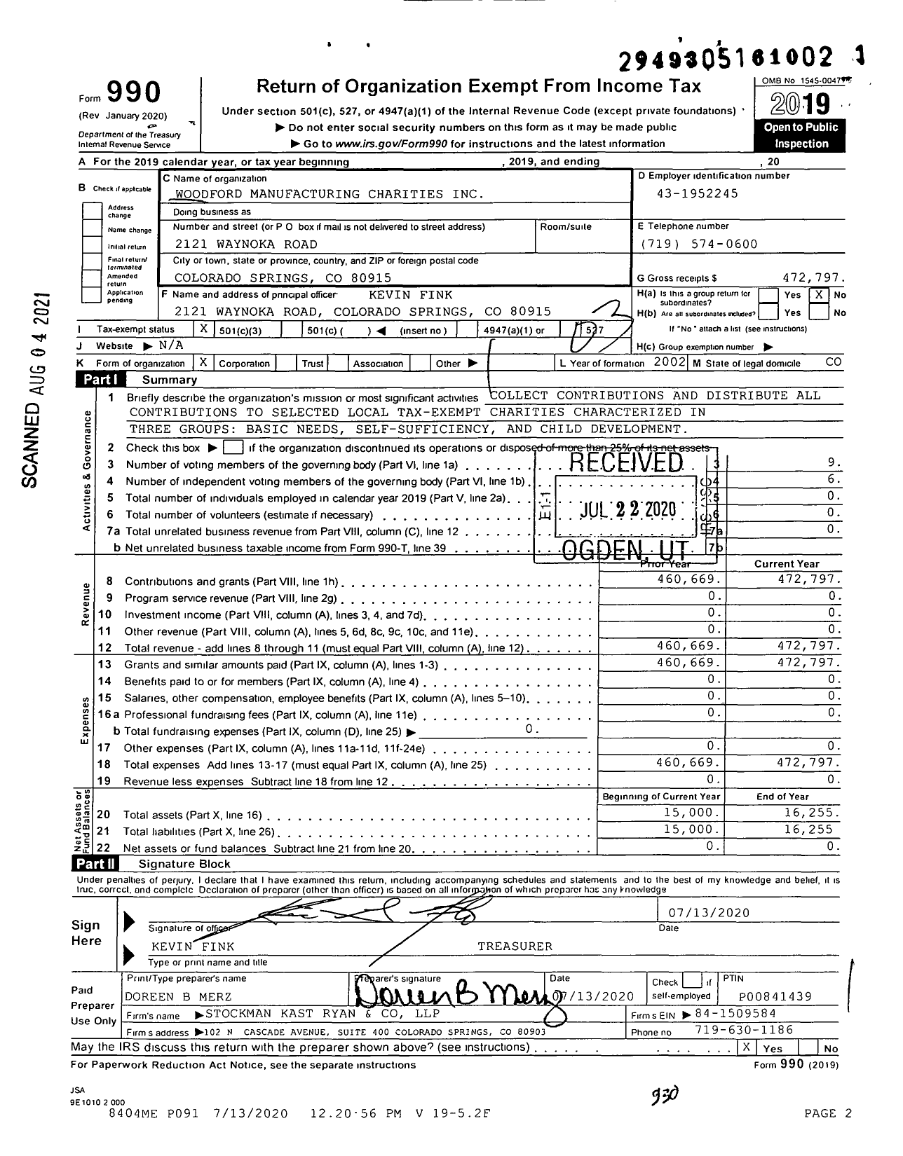 Image of first page of 2019 Form 990 for Woodford Manufacturing Charities