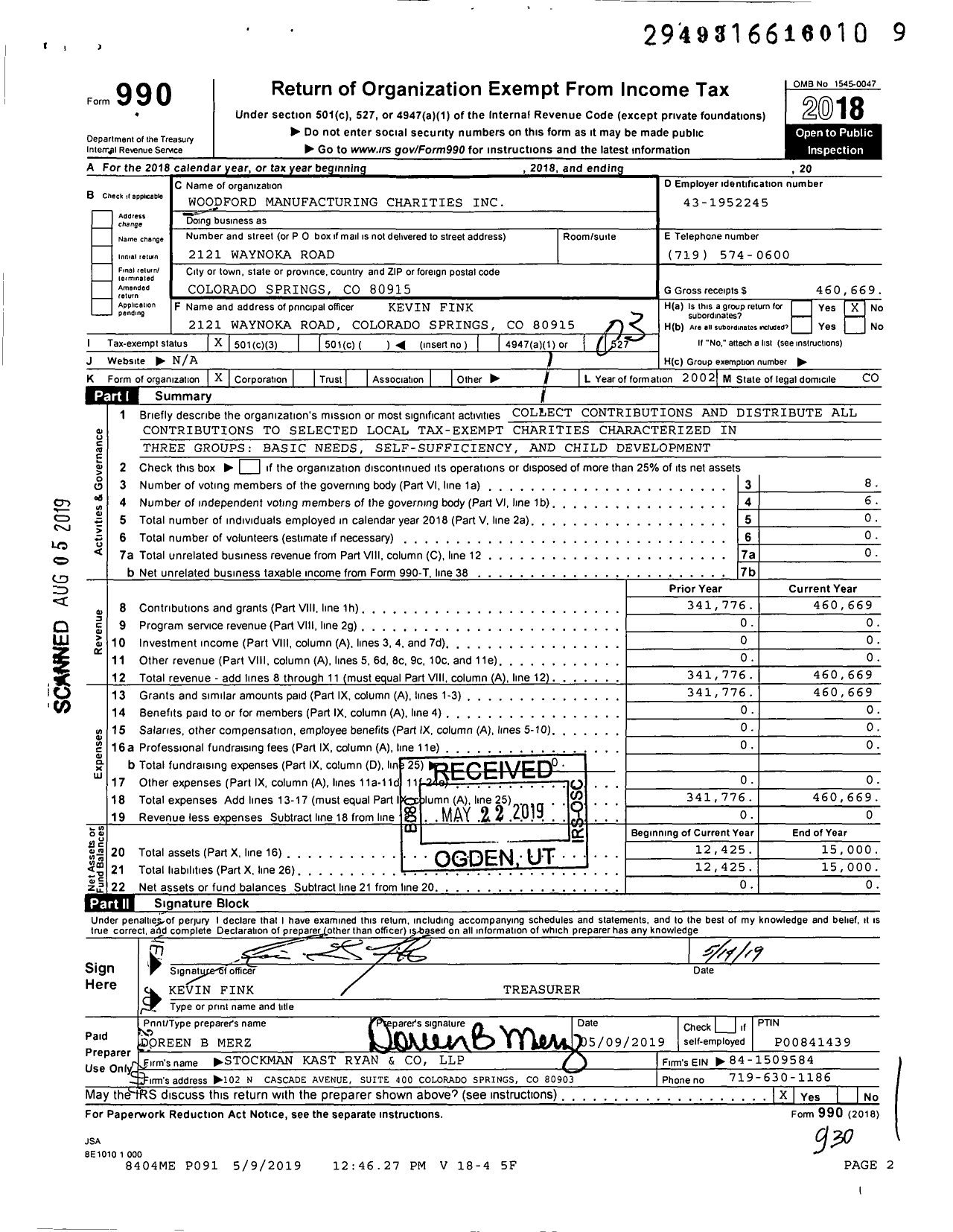 Image of first page of 2018 Form 990 for Woodford Manufacturing Charities