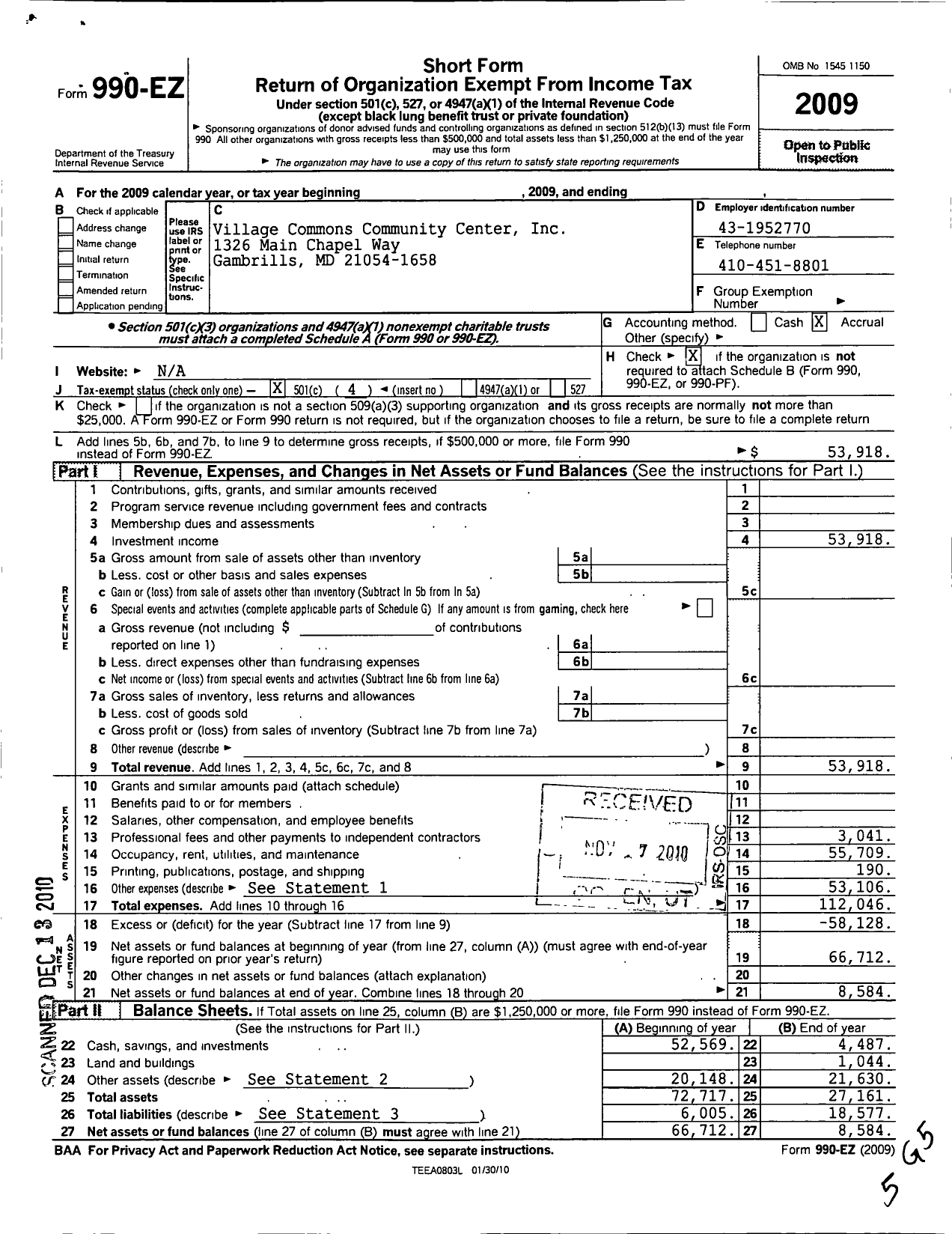 Image of first page of 2009 Form 990EO for Village Commons Community Center