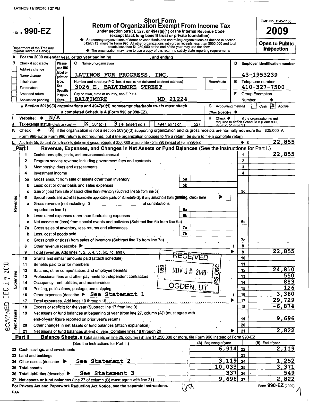 Image of first page of 2009 Form 990EZ for Latinos for Progress