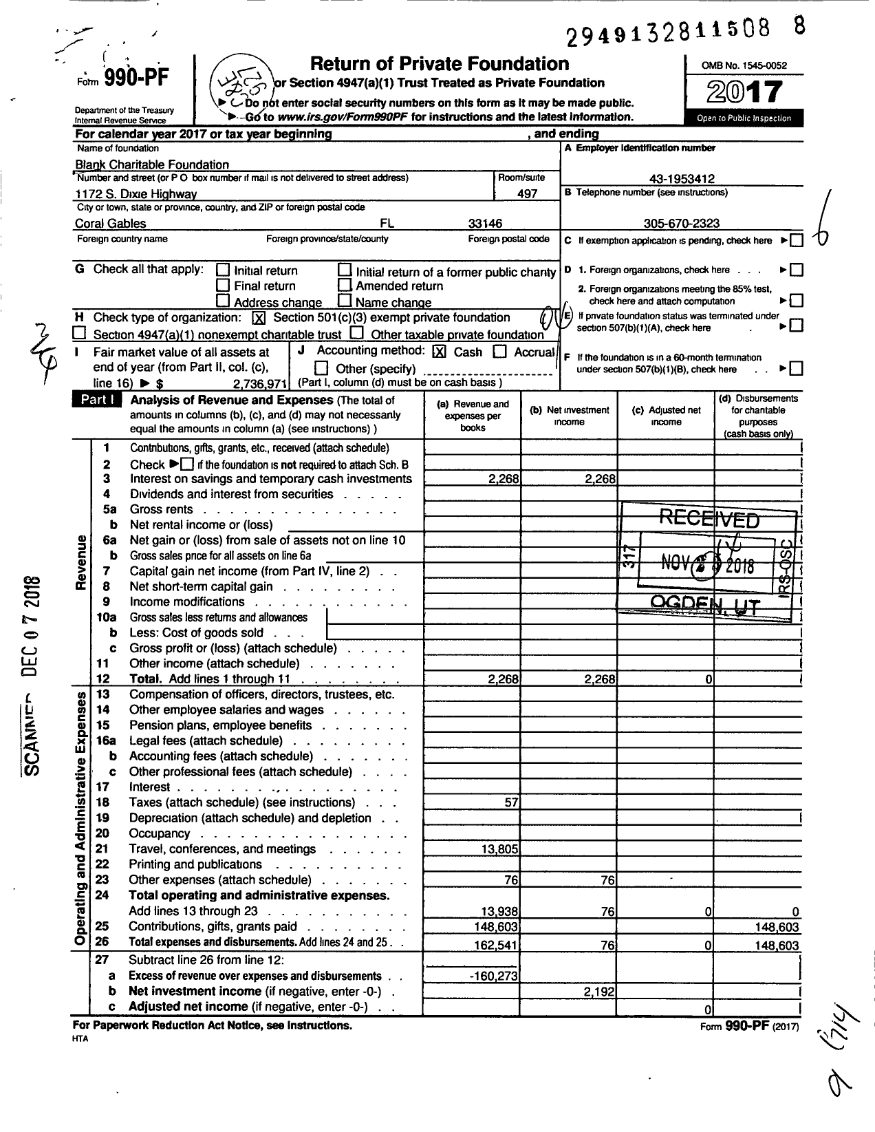Image of first page of 2017 Form 990PF for Blank Charitable Foundation