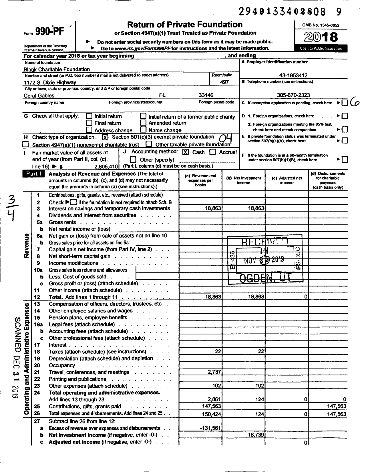 Image of first page of 2018 Form 990PF for Blank Charitable Foundation