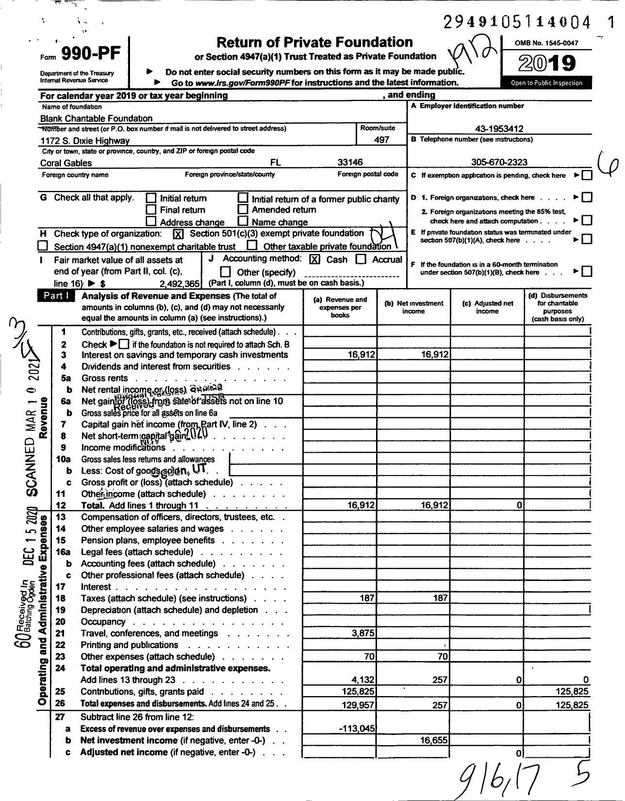 Image of first page of 2019 Form 990PF for Blank Charitable Foundation