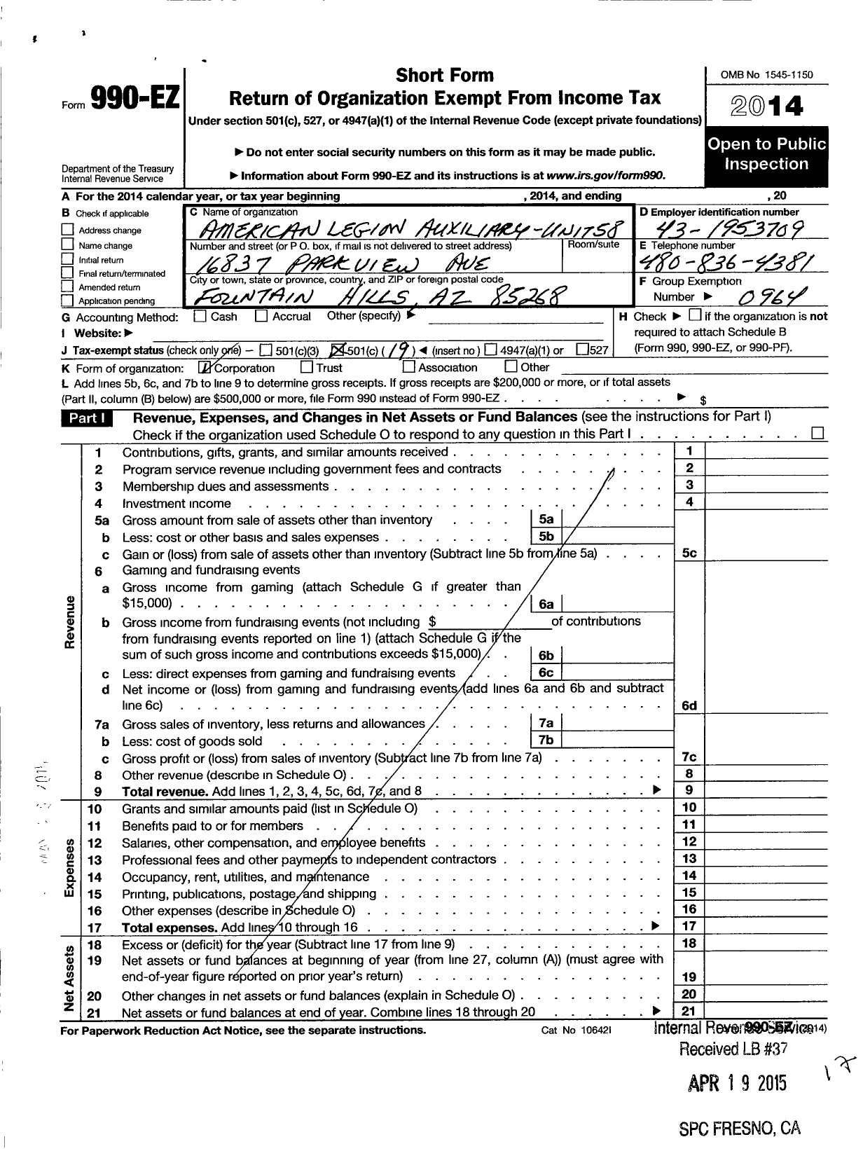 Image of first page of 2014 Form 990EO for American Legion Auxiliary - 58 Fountain Hills Unit