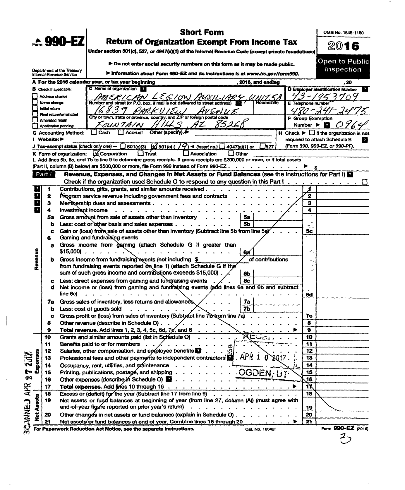 Image of first page of 2016 Form 990EO for American Legion Auxiliary - 58 Fountain Hills Unit