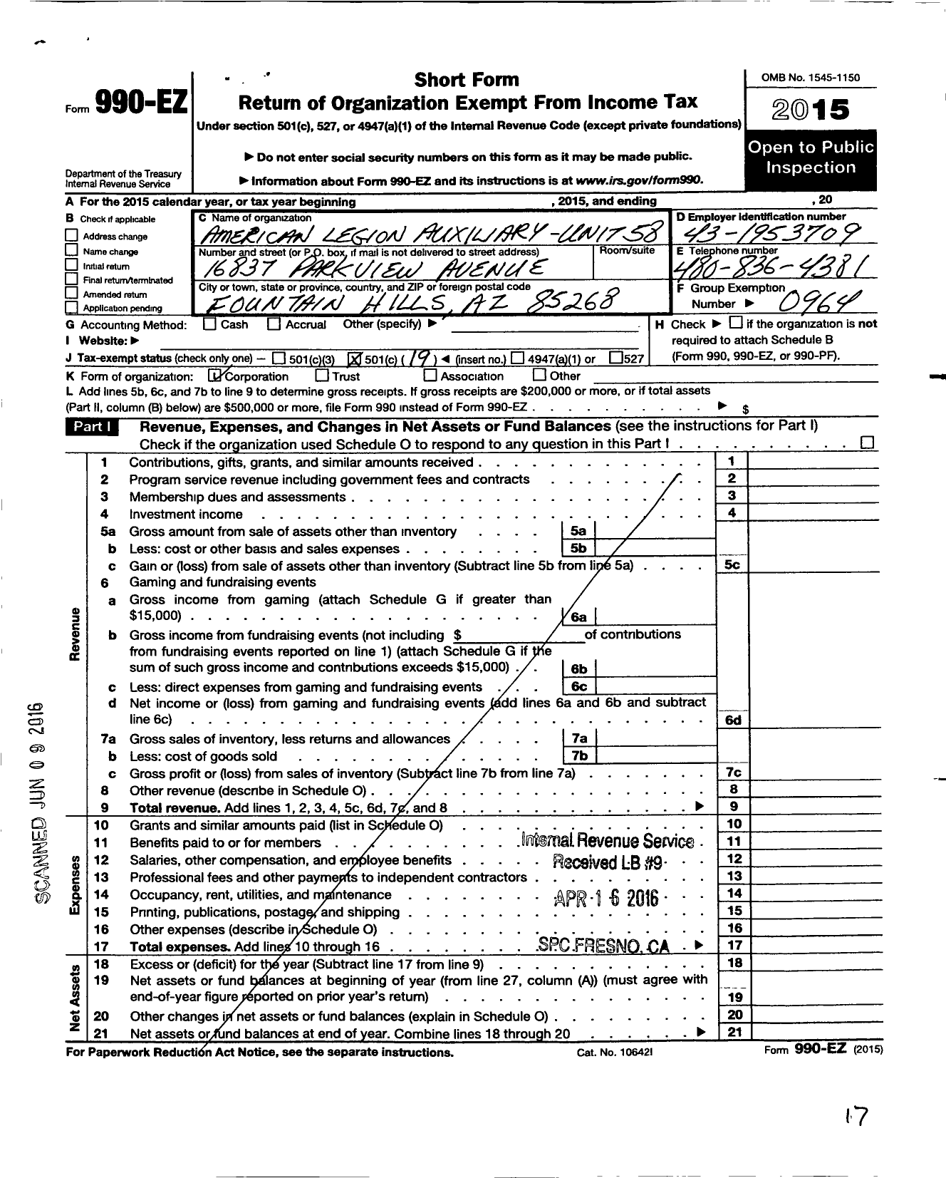 Image of first page of 2015 Form 990EO for American Legion Auxiliary - 58 Fountain Hills Unit