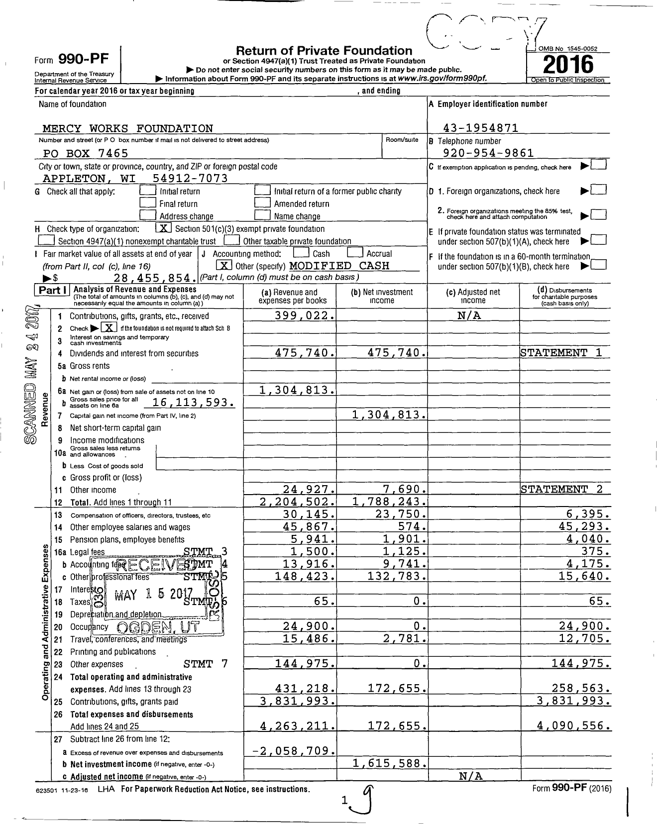 Image of first page of 2016 Form 990PF for Mercy Works Foundation