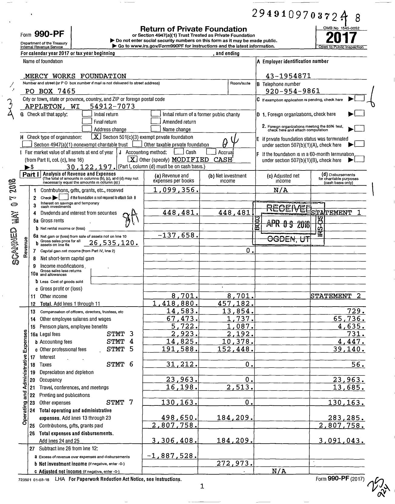 Image of first page of 2017 Form 990PF for Mercy Works Foundation