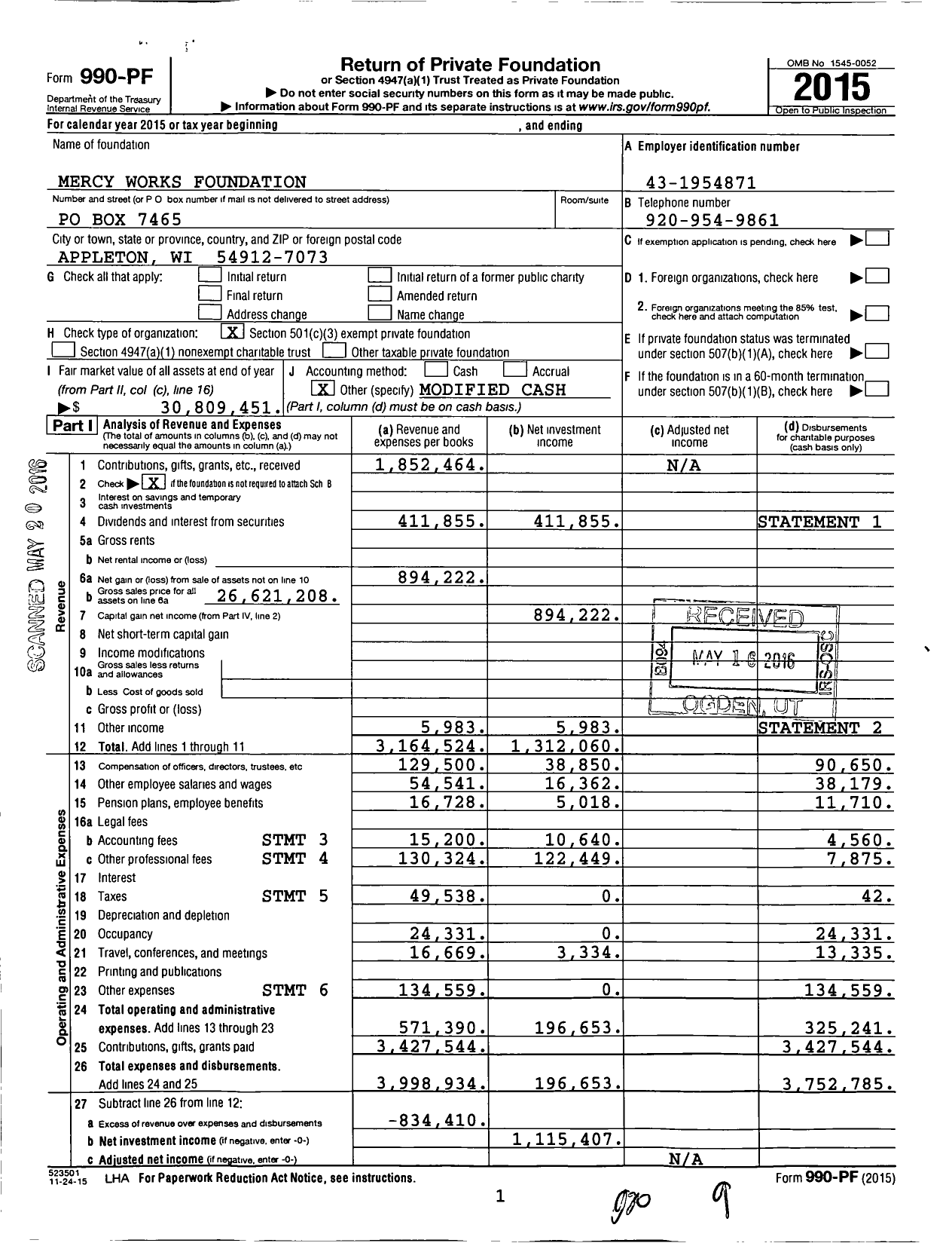 Image of first page of 2015 Form 990PF for Mercy Works Foundation