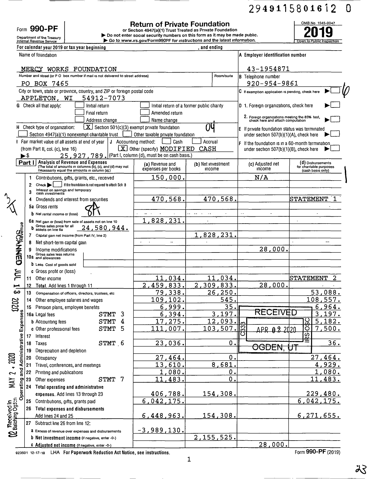 Image of first page of 2019 Form 990PR for Mercy Works Foundation