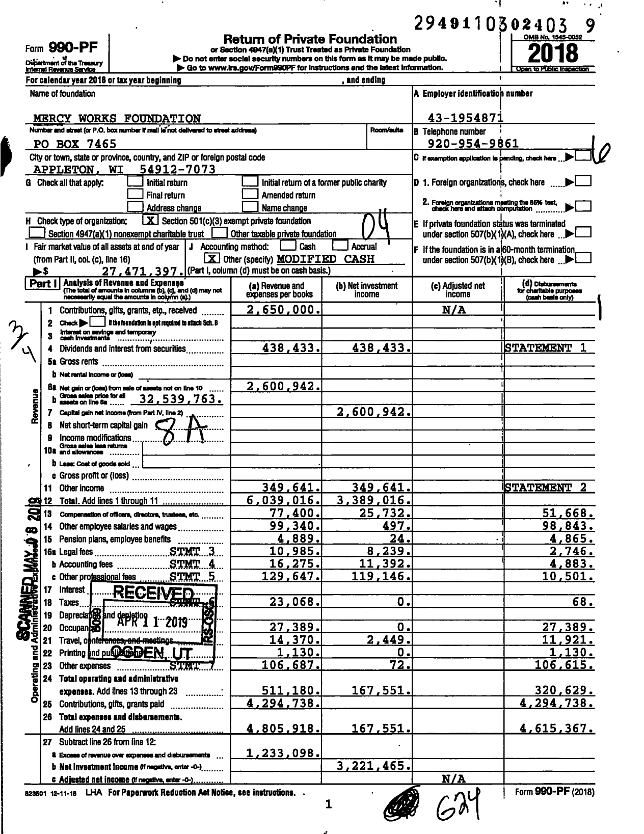 Image of first page of 2018 Form 990PF for Mercy Works Foundation