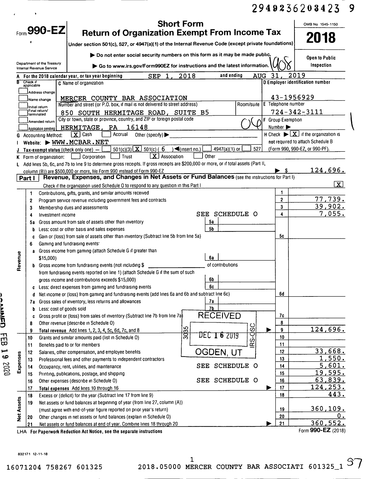 Image of first page of 2018 Form 990EO for Mercer County Bar Association