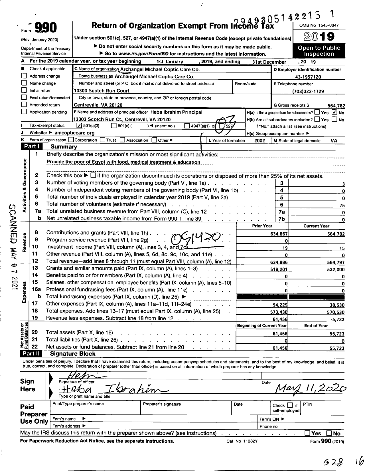 Image of first page of 2019 Form 990 for Archangel Michael Coptic Care