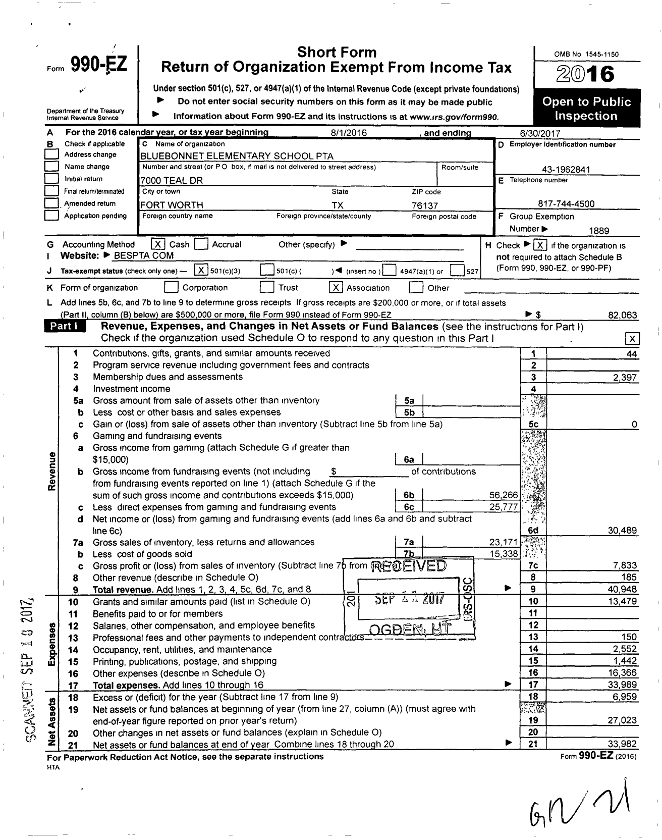 Image of first page of 2016 Form 990EZ for Texas PTA - 10230 Bluebonnet Elementary