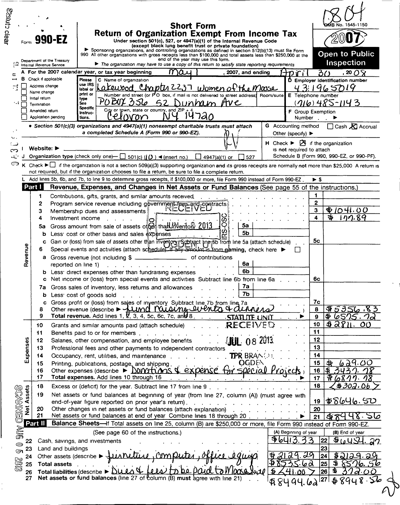 Image of first page of 2007 Form 990EO for Lakewood Chapter No 2237 Women of the Moose