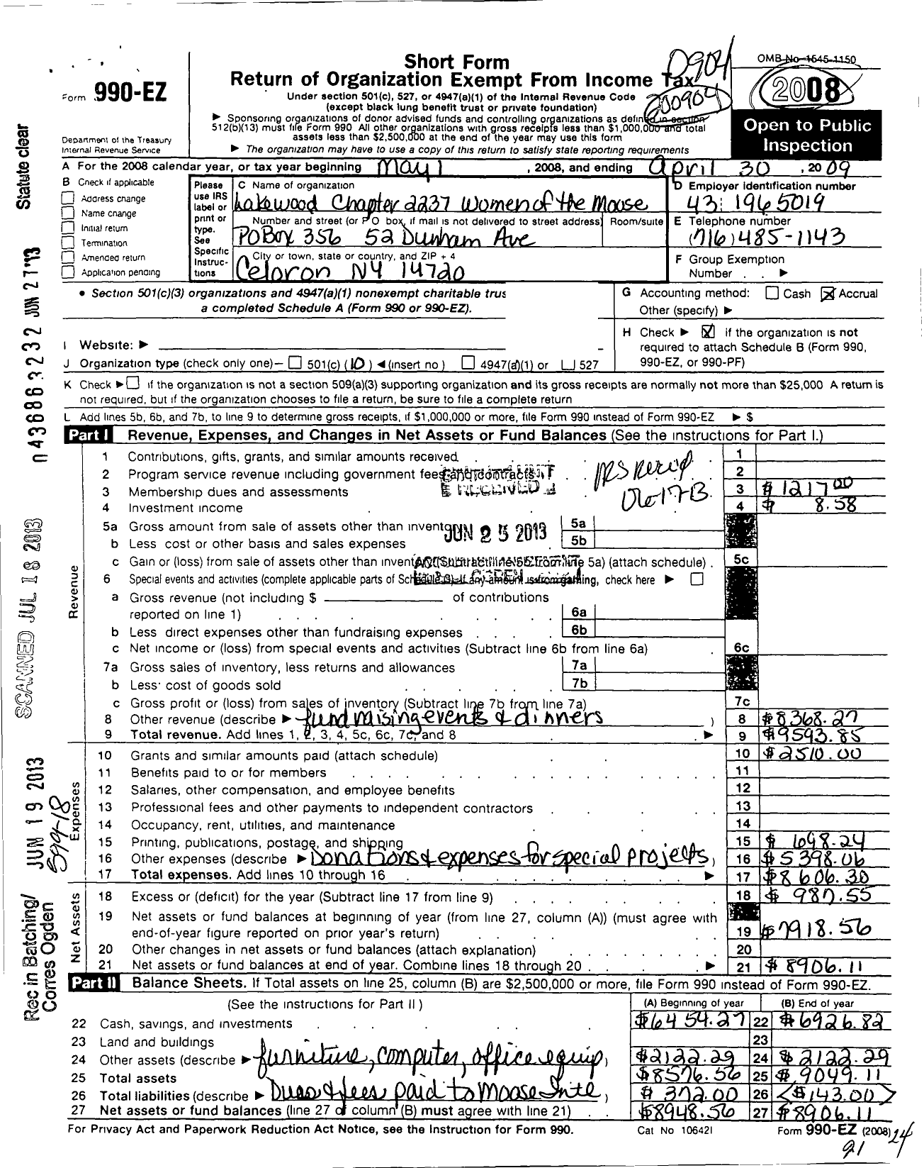 Image of first page of 2008 Form 990EO for Lakewood Chapter No 2237 Women of the Moose