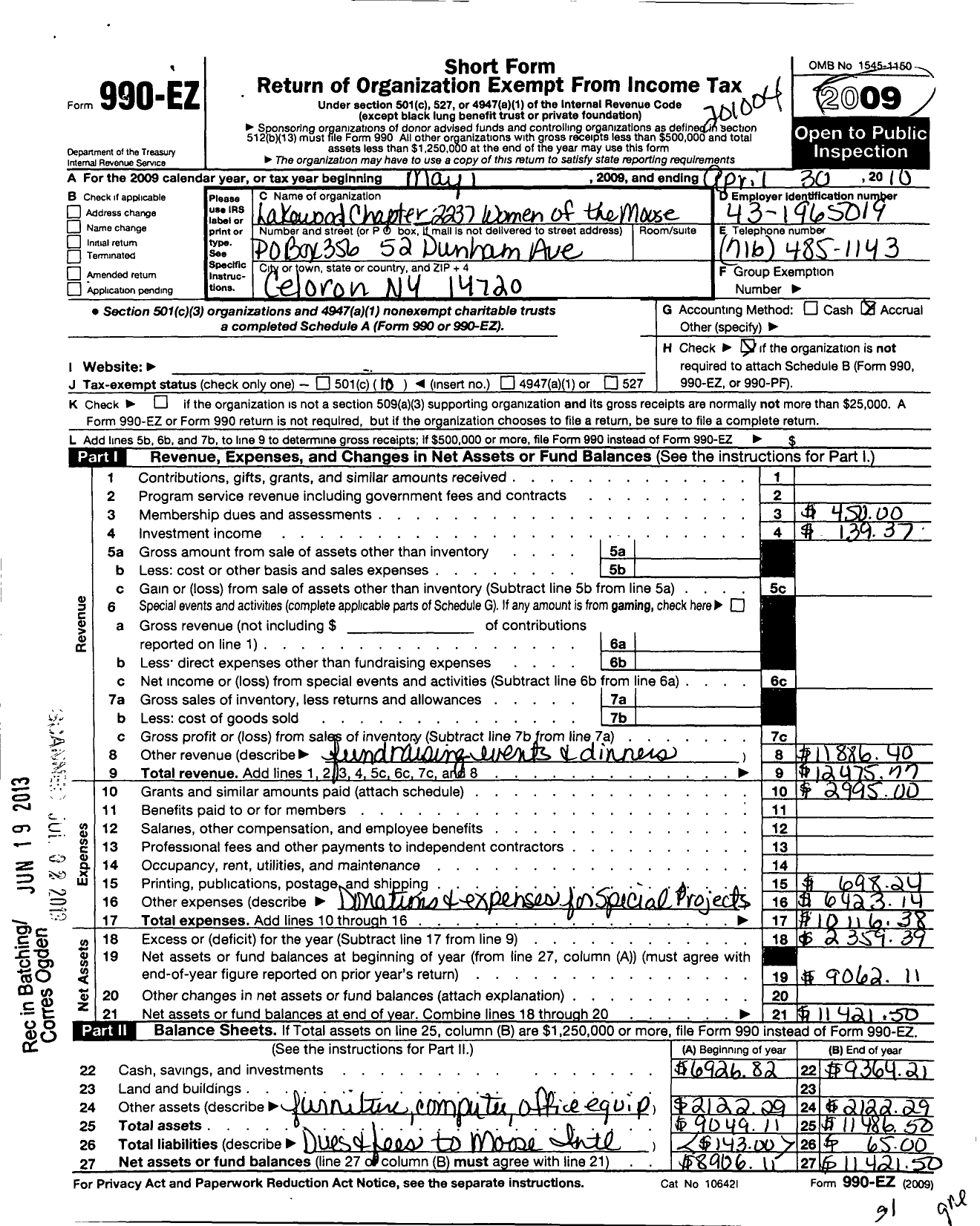 Image of first page of 2009 Form 990EO for Lakewood Chapter No 2237 Women of the Moose