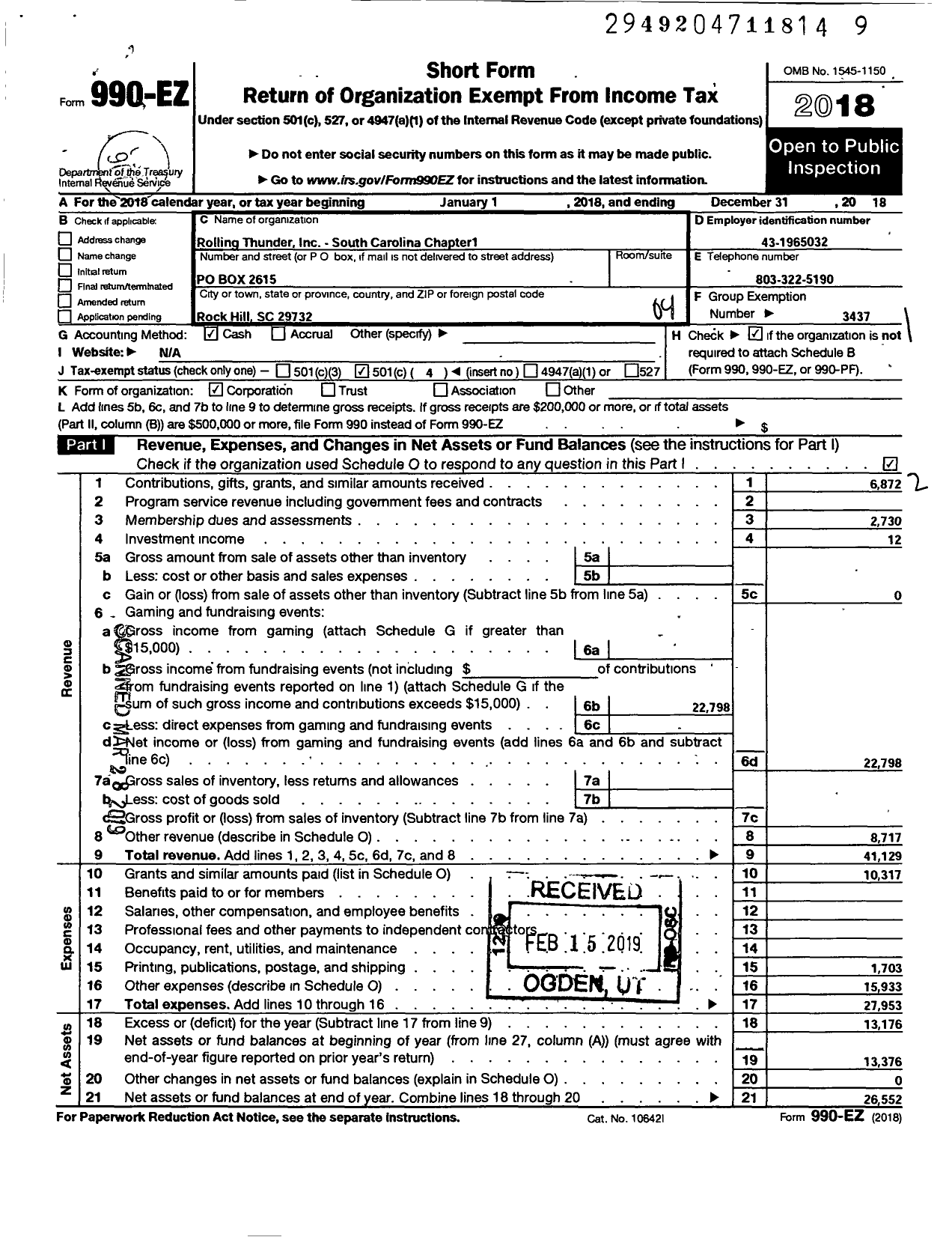 Image of first page of 2018 Form 990EO for Rolling Thunder - Rolling Thunder Chapter 1 SC