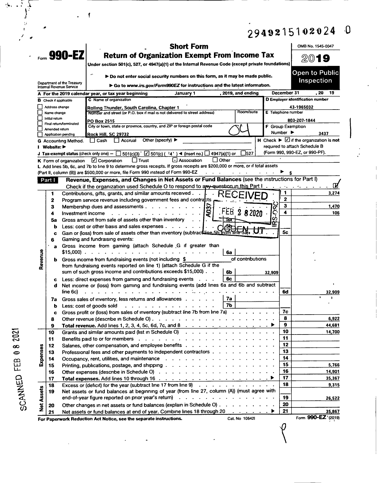 Image of first page of 2019 Form 990EO for Rolling Thunder - Rolling Thunder Chapter 1 SC