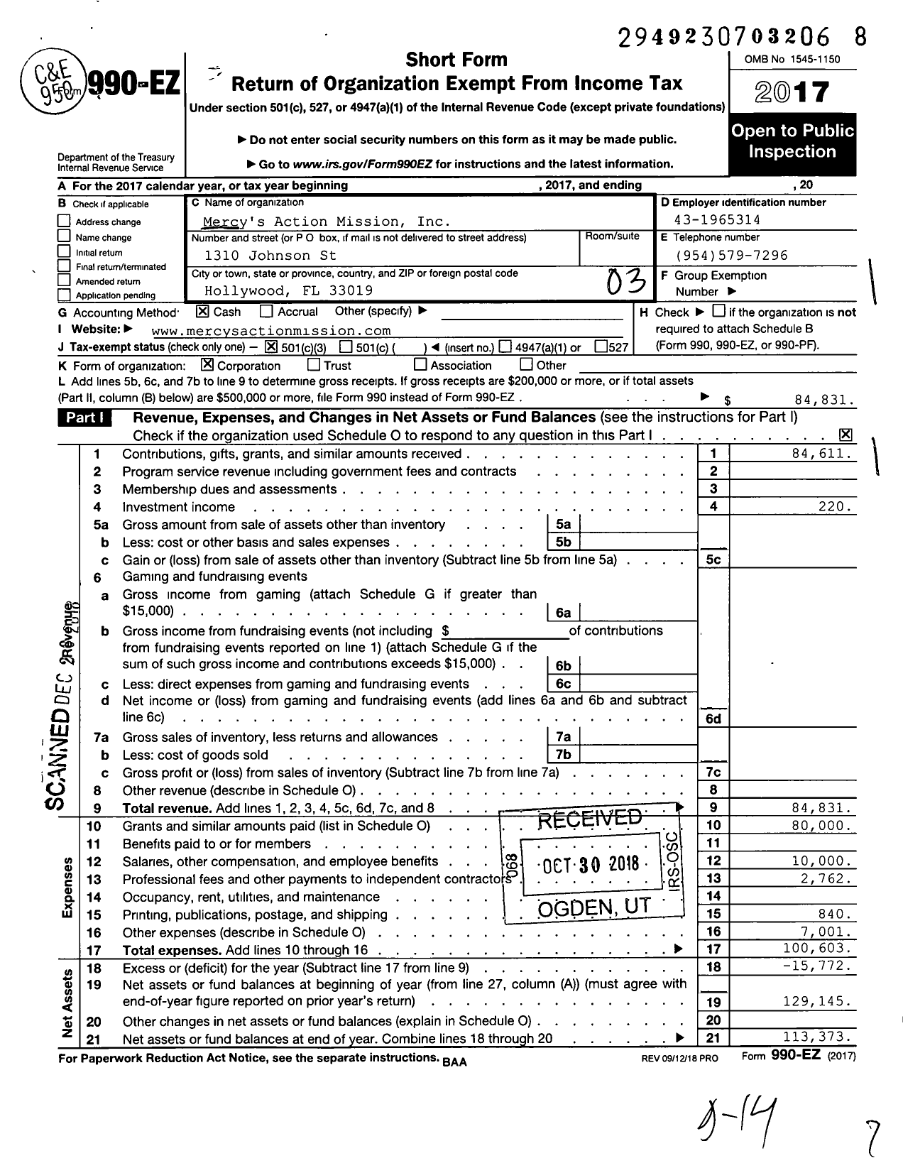 Image of first page of 2017 Form 990EZ for Mercys Action Mission