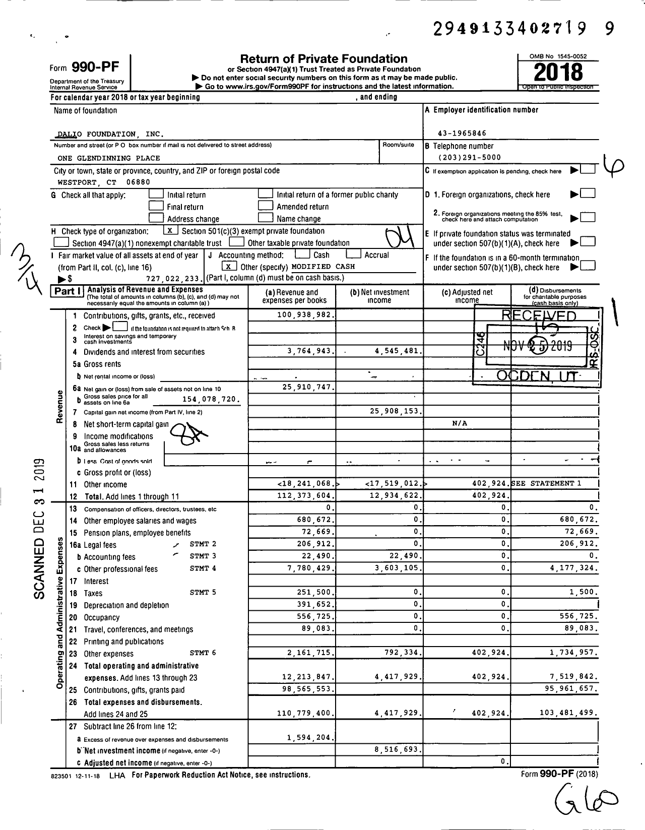 Image of first page of 2018 Form 990PF for Dalio Foundation