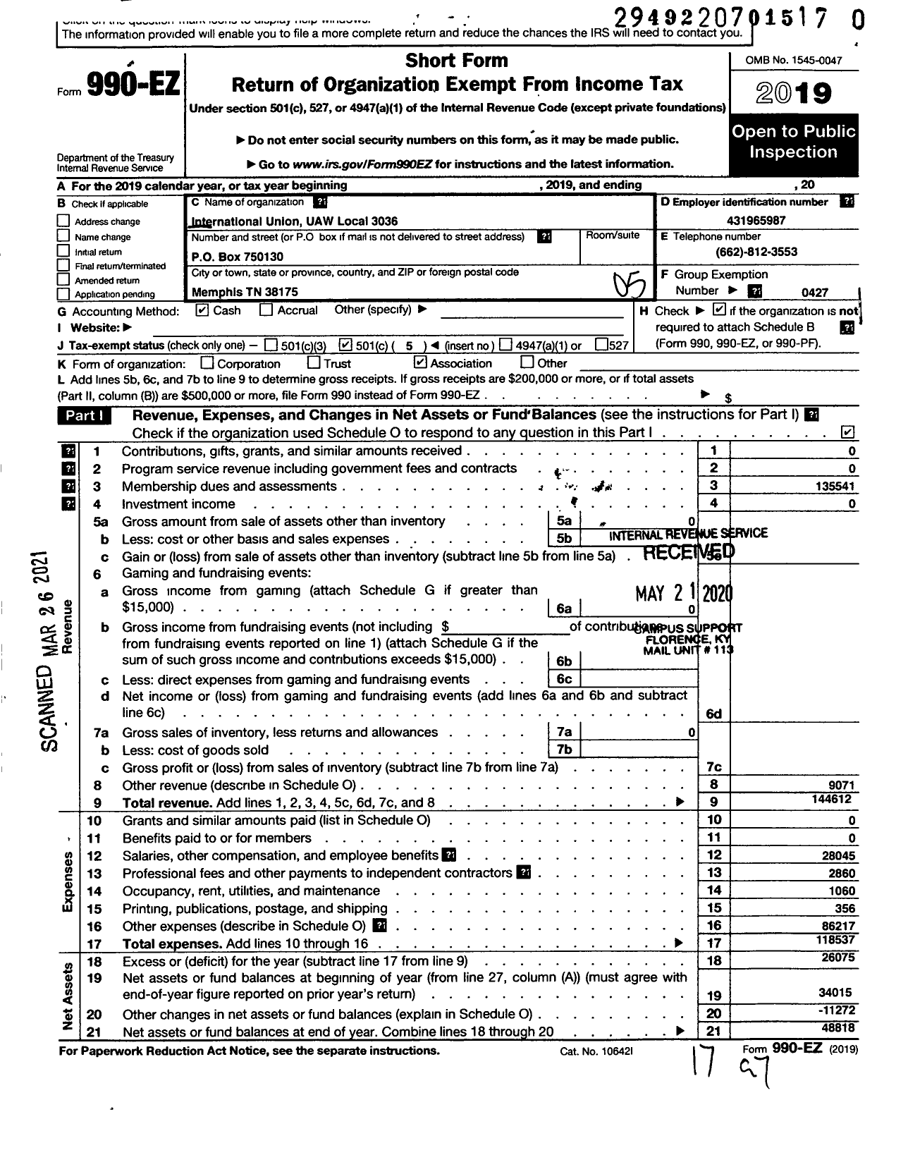 Image of first page of 2019 Form 990EO for UAW - Local Union 3036 UAW