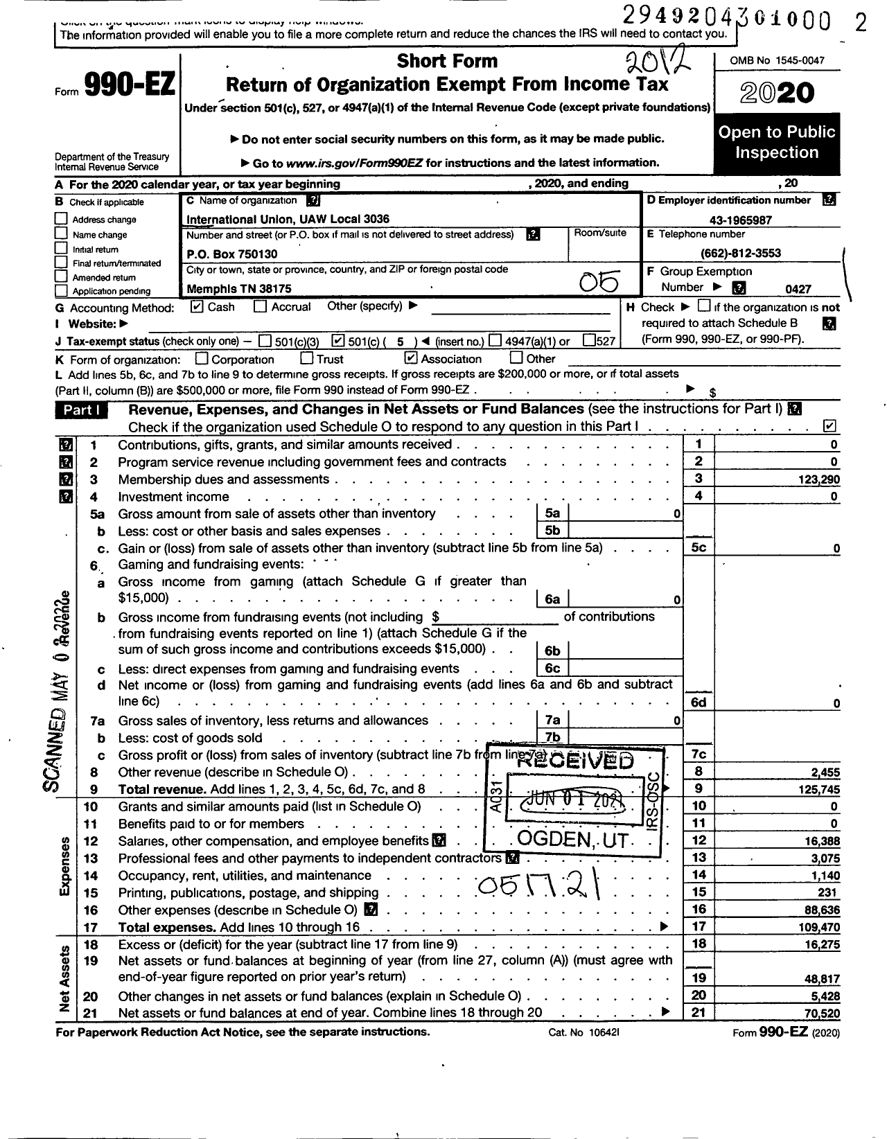 Image of first page of 2020 Form 990EO for UAW - Local Union 3036 UAW