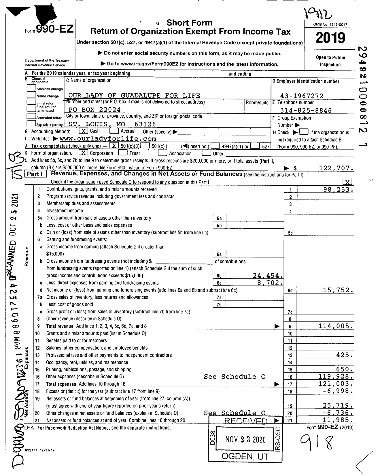 Image of first page of 2019 Form 990EZ for Our Lady of Guadalupe for Life