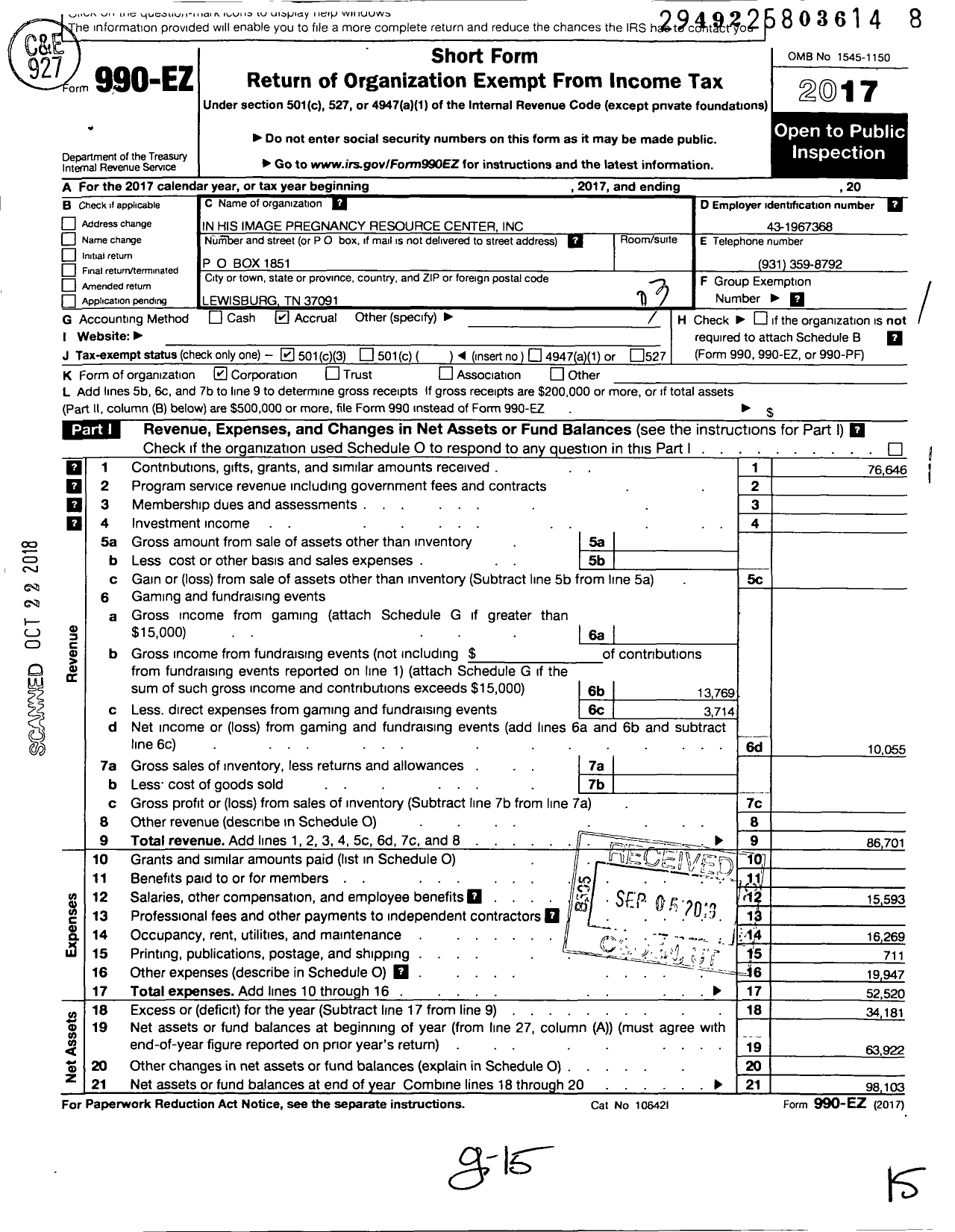 Image of first page of 2017 Form 990EZ for In His Image Pregnancy Resource Center