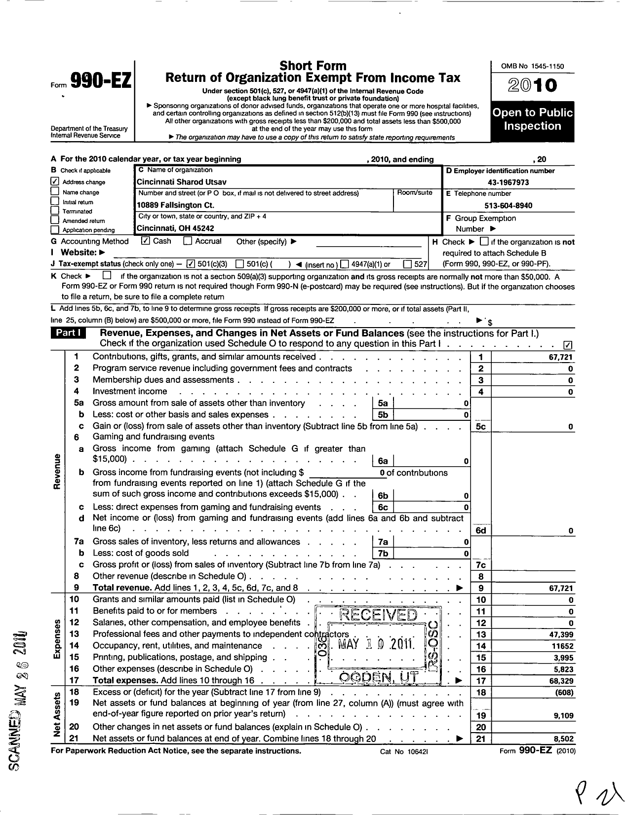 Image of first page of 2010 Form 990EZ for Cincinnati Sharod Utsav