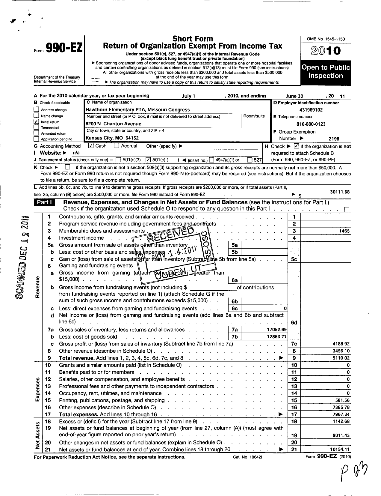 Image of first page of 2010 Form 990EO for PTA Missouri Congress / Hawthorn Elementary PTA