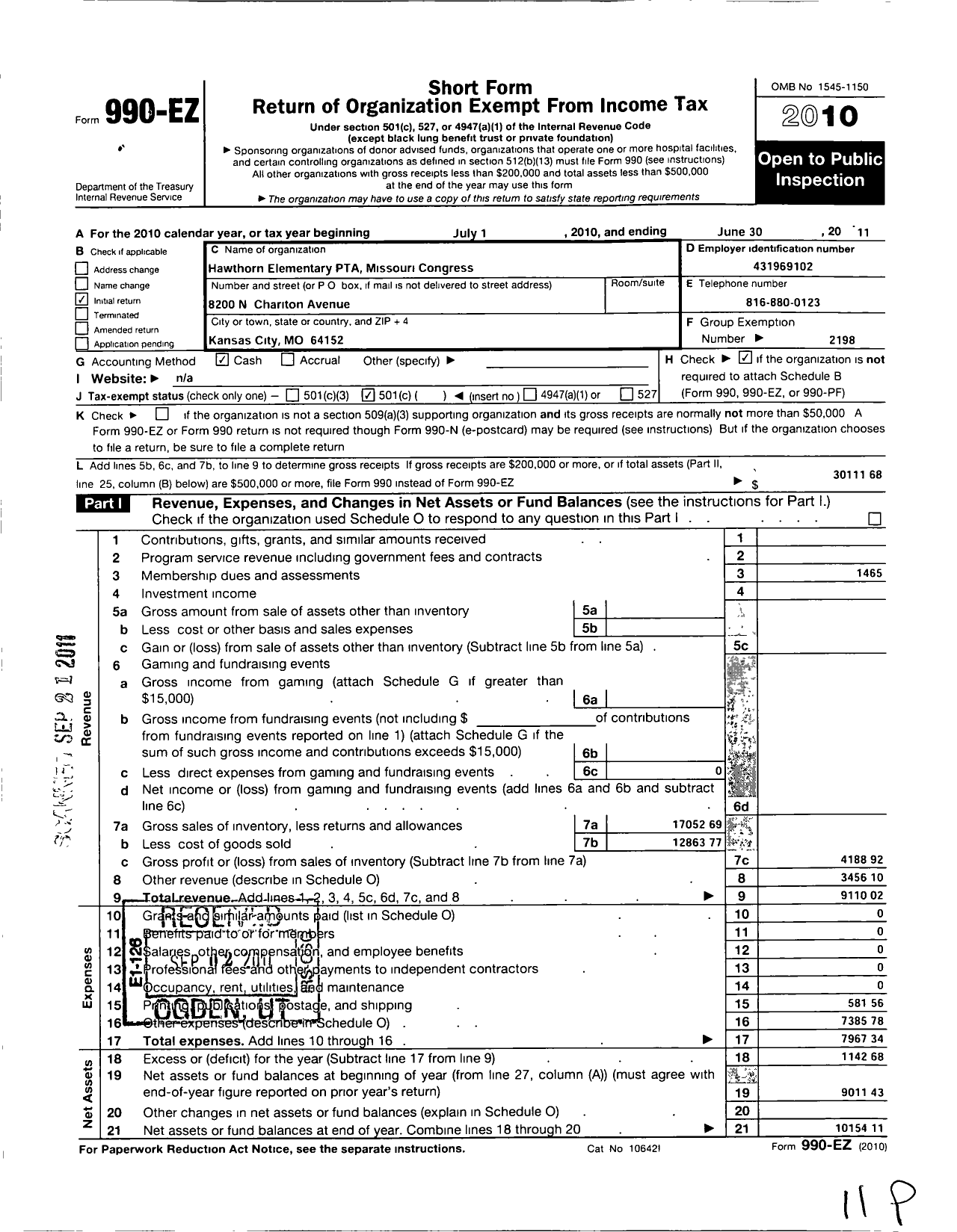 Image of first page of 2010 Form 990EO for PTA Missouri Congress / Hawthorn Elementary PTA