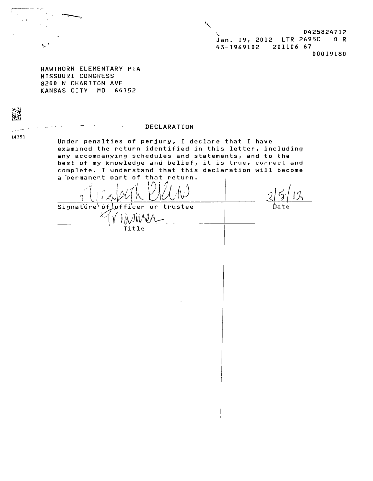 Image of first page of 2010 Form 990ER for PTA Missouri Congress / Hawthorn Elementary PTA