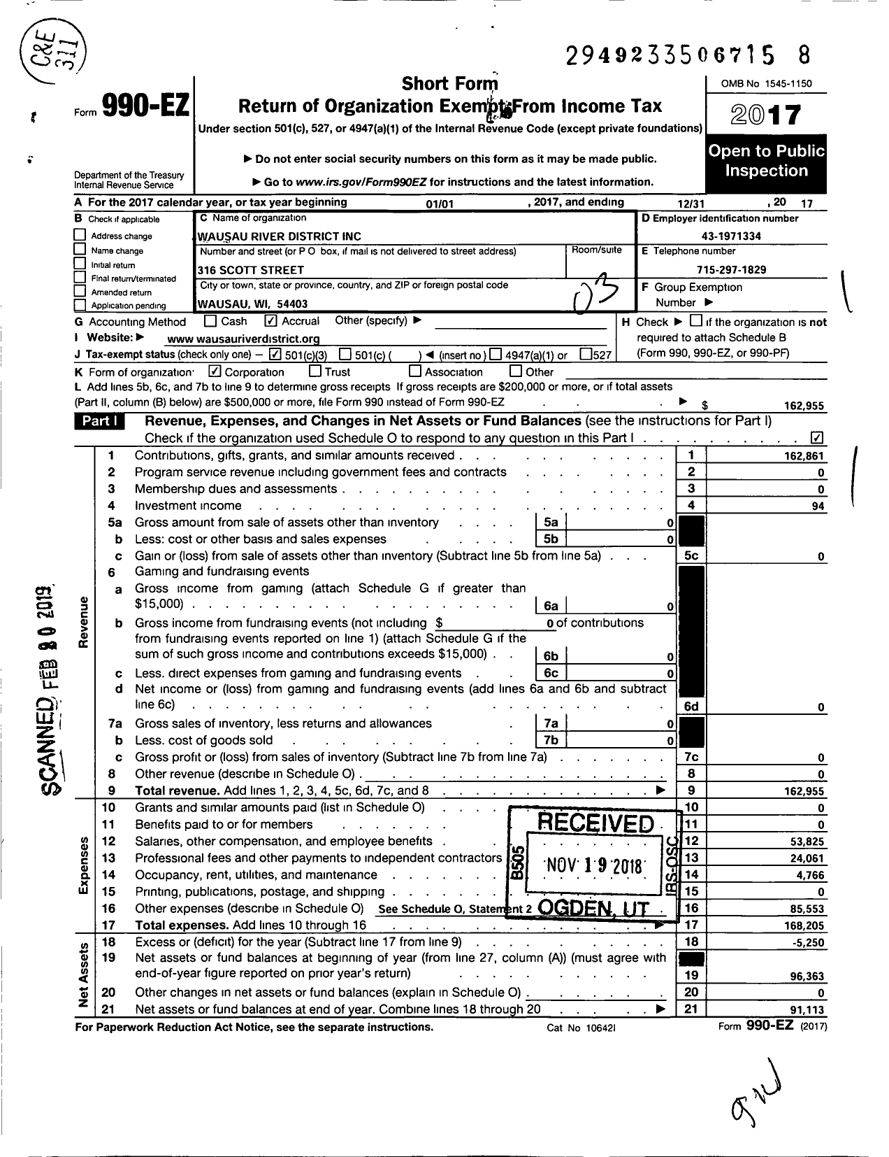 Image of first page of 2017 Form 990EZ for Wausau River District