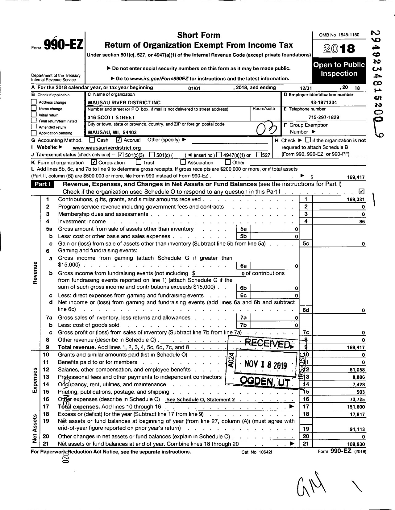 Image of first page of 2018 Form 990EZ for Wausau River District