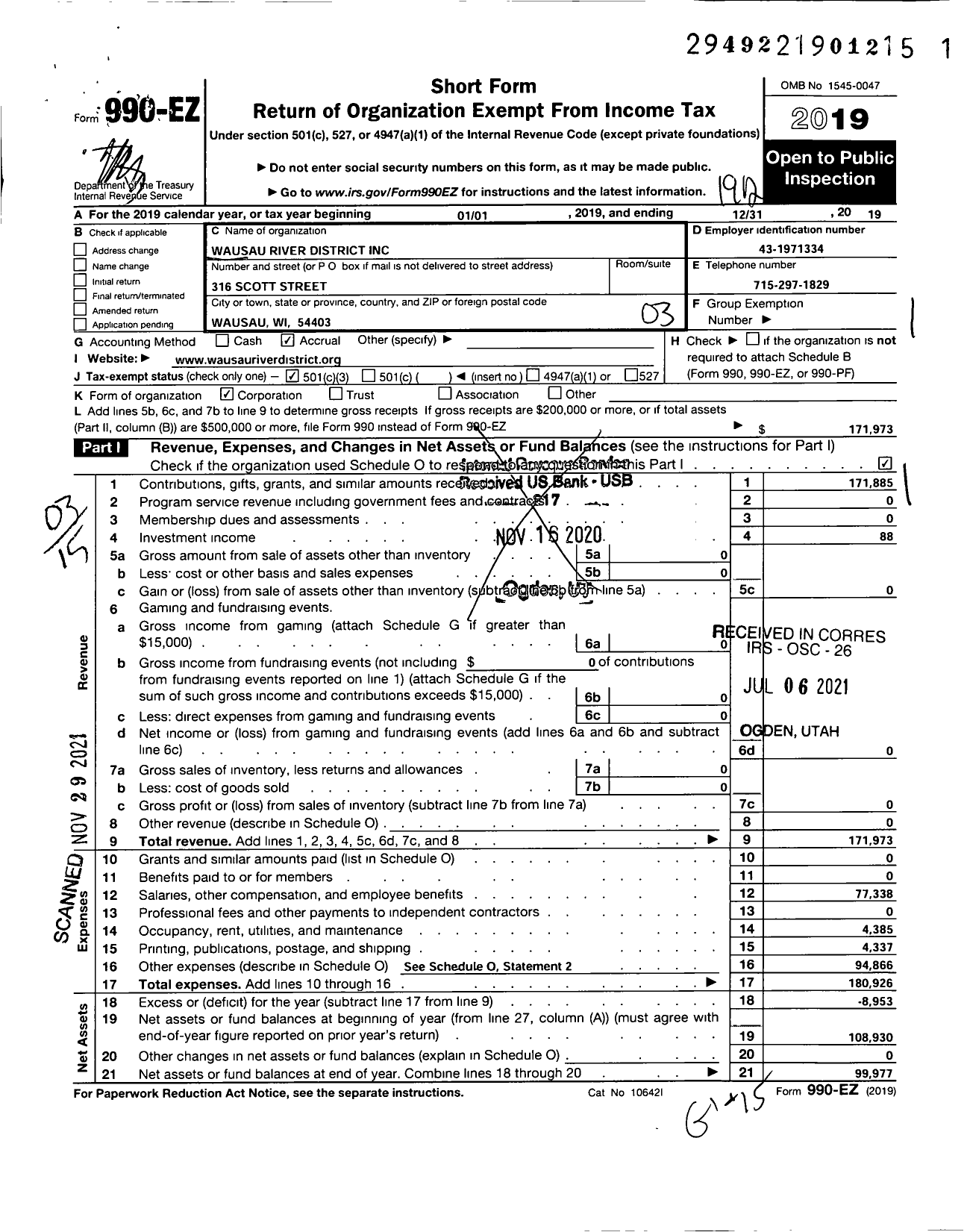 Image of first page of 2019 Form 990EZ for Wausau River District