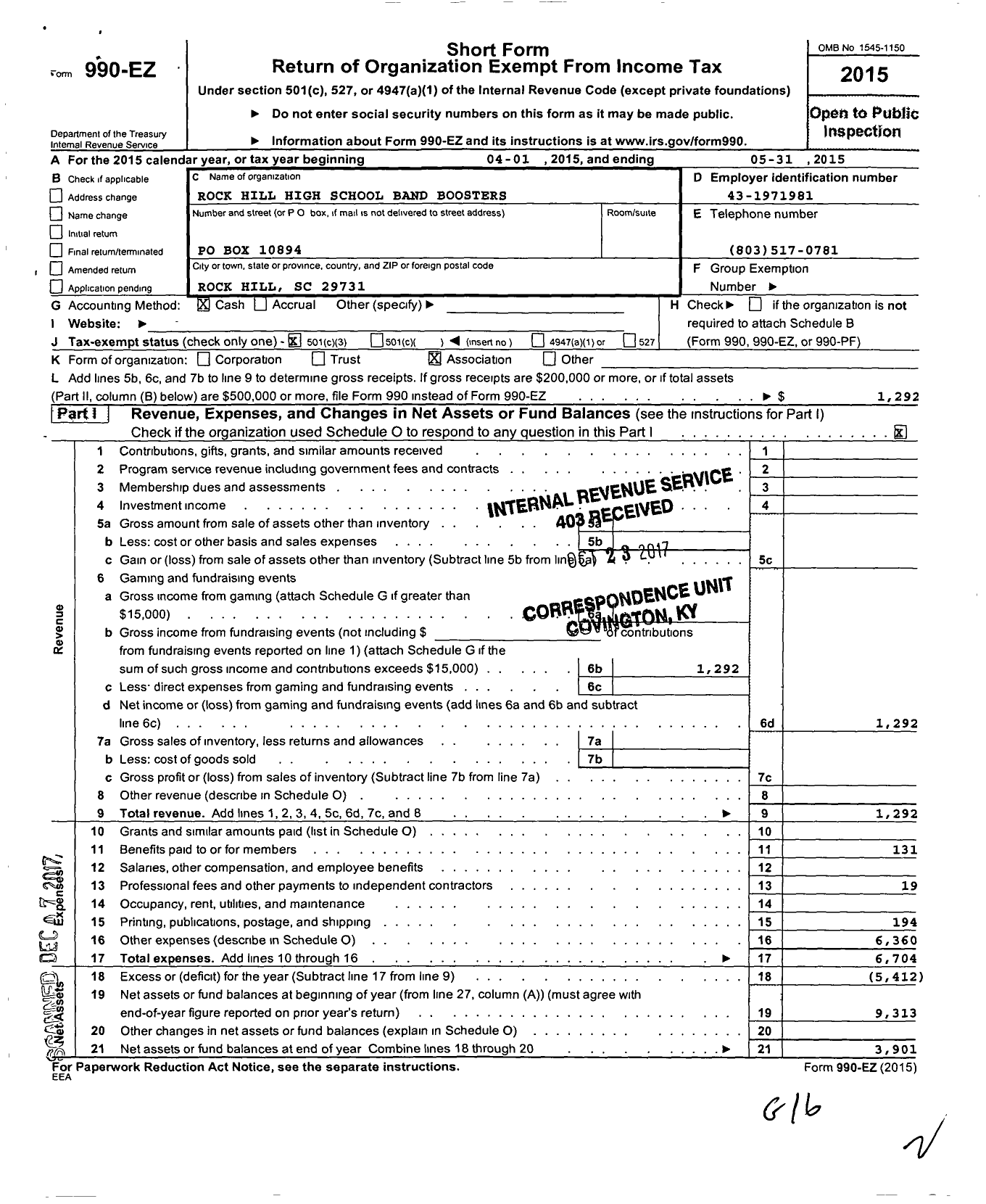 Image of first page of 2014 Form 990EZ for Rock Hill High School Band Boosters Club