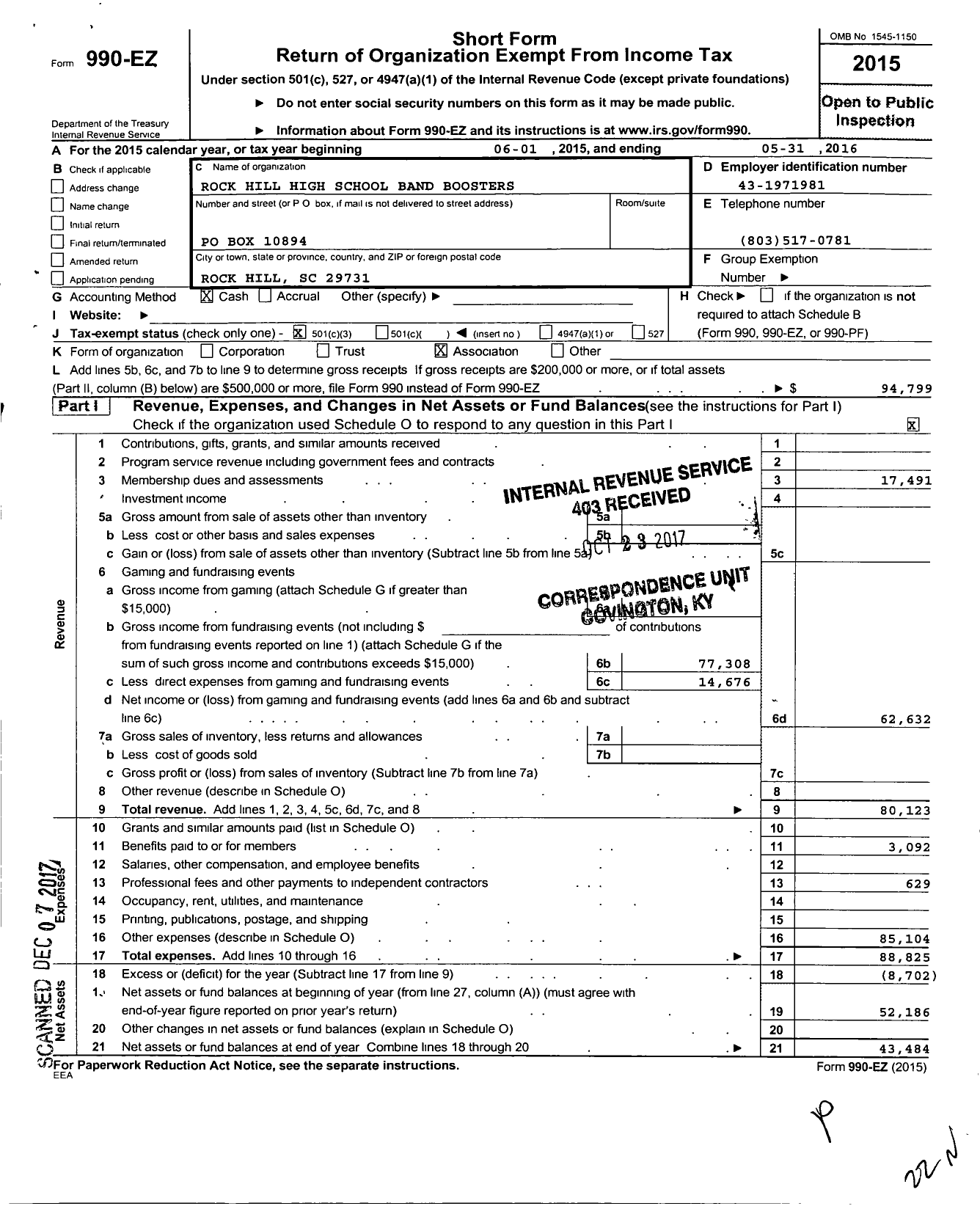 Image of first page of 2015 Form 990EZ for Rock Hill High School Band Boosters Club