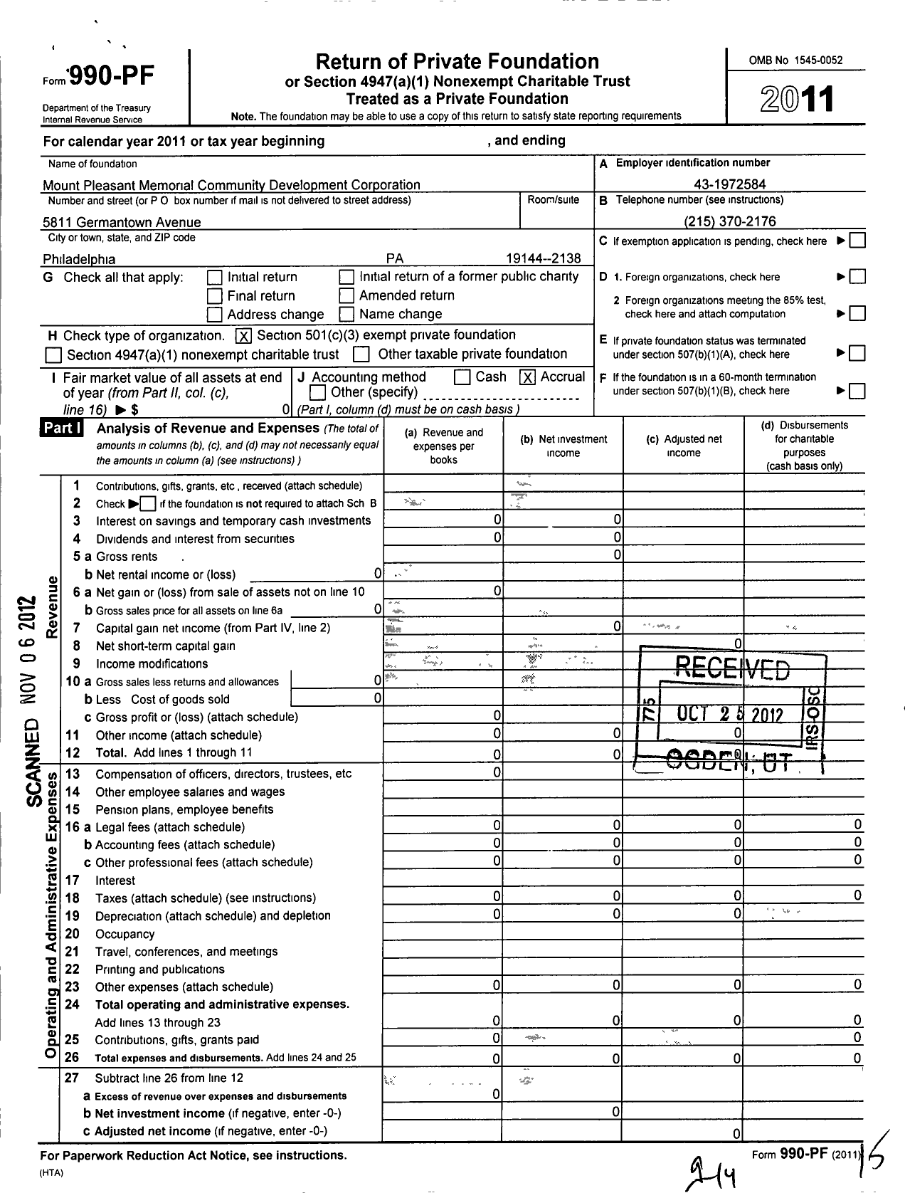 Image of first page of 2011 Form 990PF for Mount Pleasant Memorial Community Development Corporation