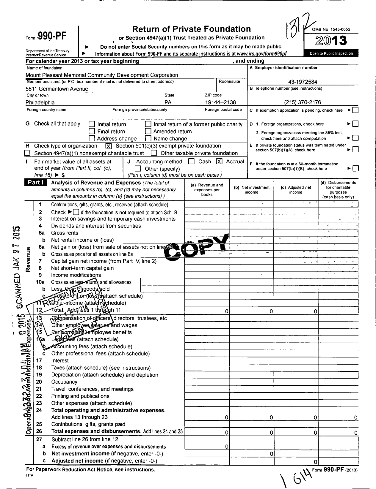 Image of first page of 2013 Form 990PF for Mount Pleasant Memorial Community Development Corporation