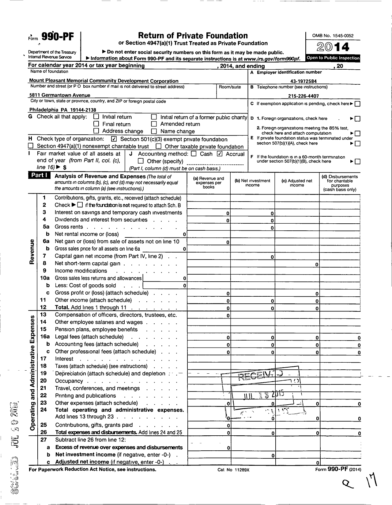 Image of first page of 2014 Form 990PF for Mount Pleasant Memorial Community Development Corporation