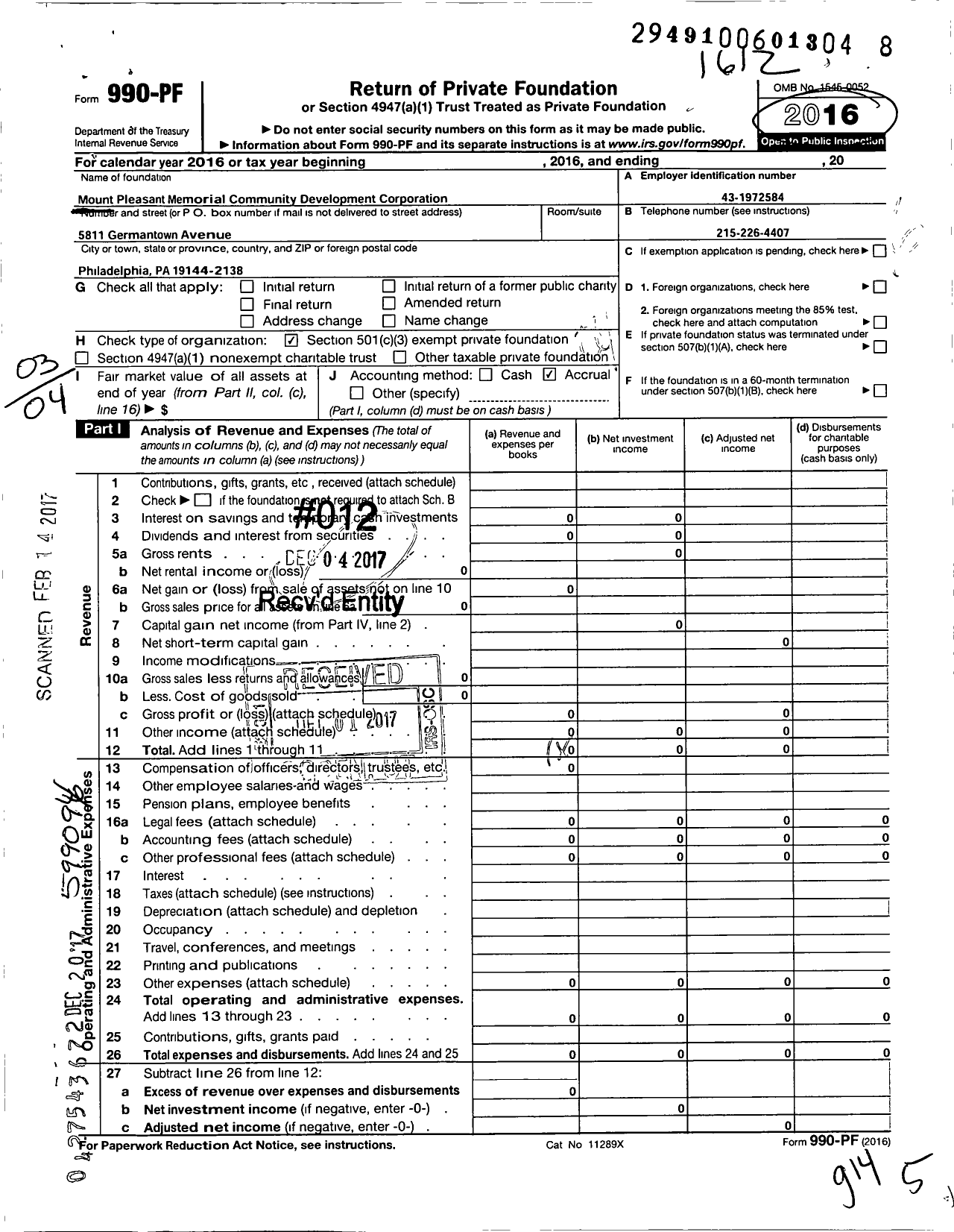 Image of first page of 2016 Form 990PF for Mount Pleasant Memorial Community Development Corporation