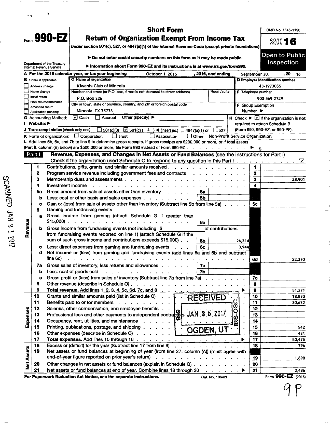 Image of first page of 2015 Form 990EO for Kiwanis International - K08140 Mineola