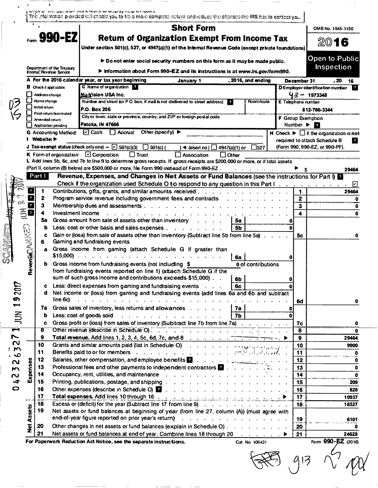 Image of first page of 2016 Form 990EZ for Nu-Vision USA