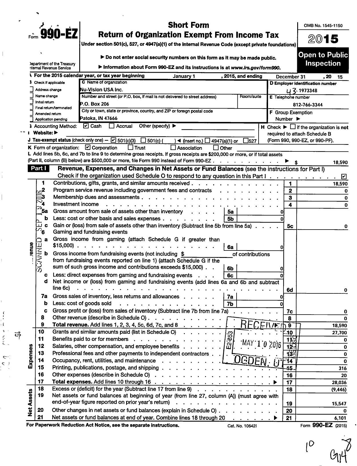 Image of first page of 2015 Form 990EZ for Nu-Vision USA