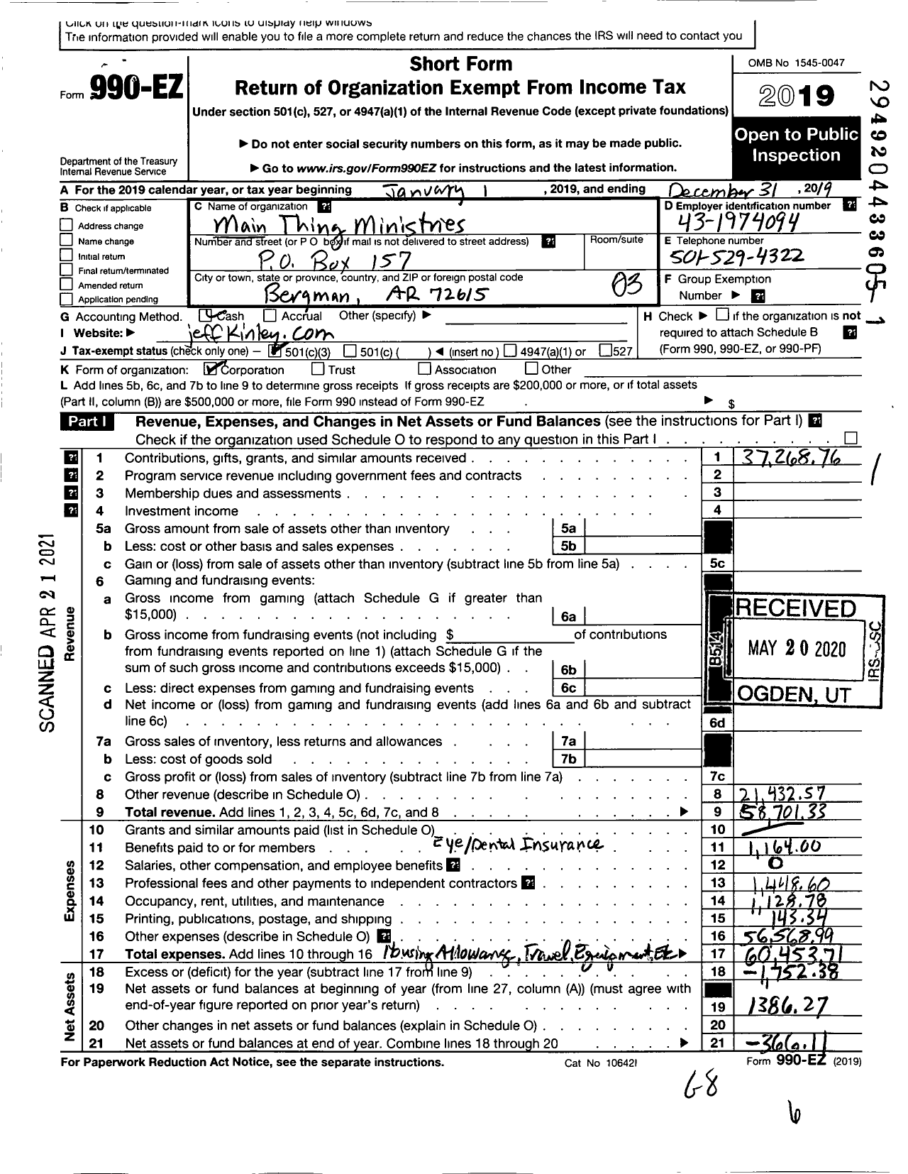 Image of first page of 2019 Form 990EZ for Main Thing Ministries